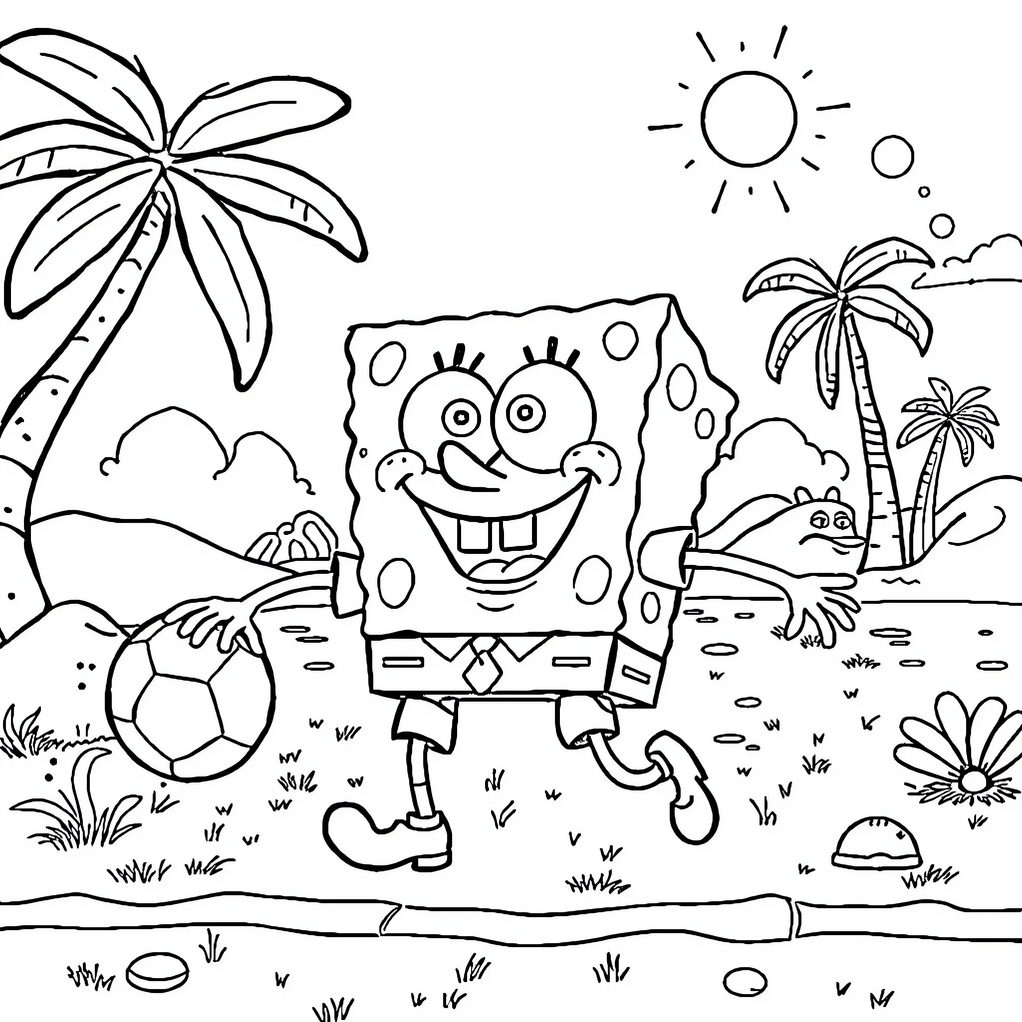 Spongebob's Beach Day Adventure Coloring Page (free black-and-white line drawing printable PDF for all, from beginners to advanced learners, including children, teens, adults, and seniors)
