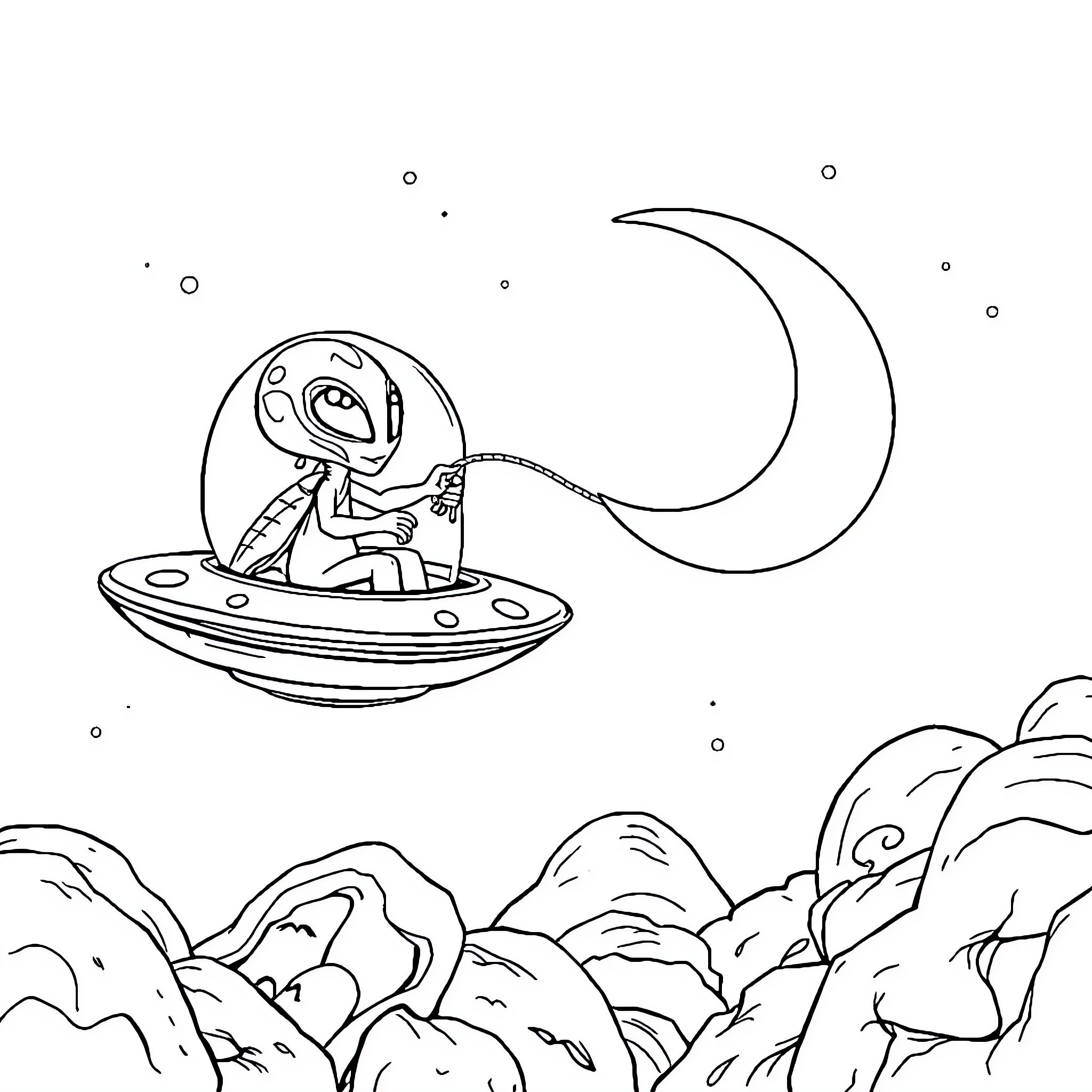 Alien enjoying a night ride in a spaceship Coloring Page (free black-and-white line drawing printable PDF for all, from beginners to advanced learners, including children, teens, adults, and seniors)