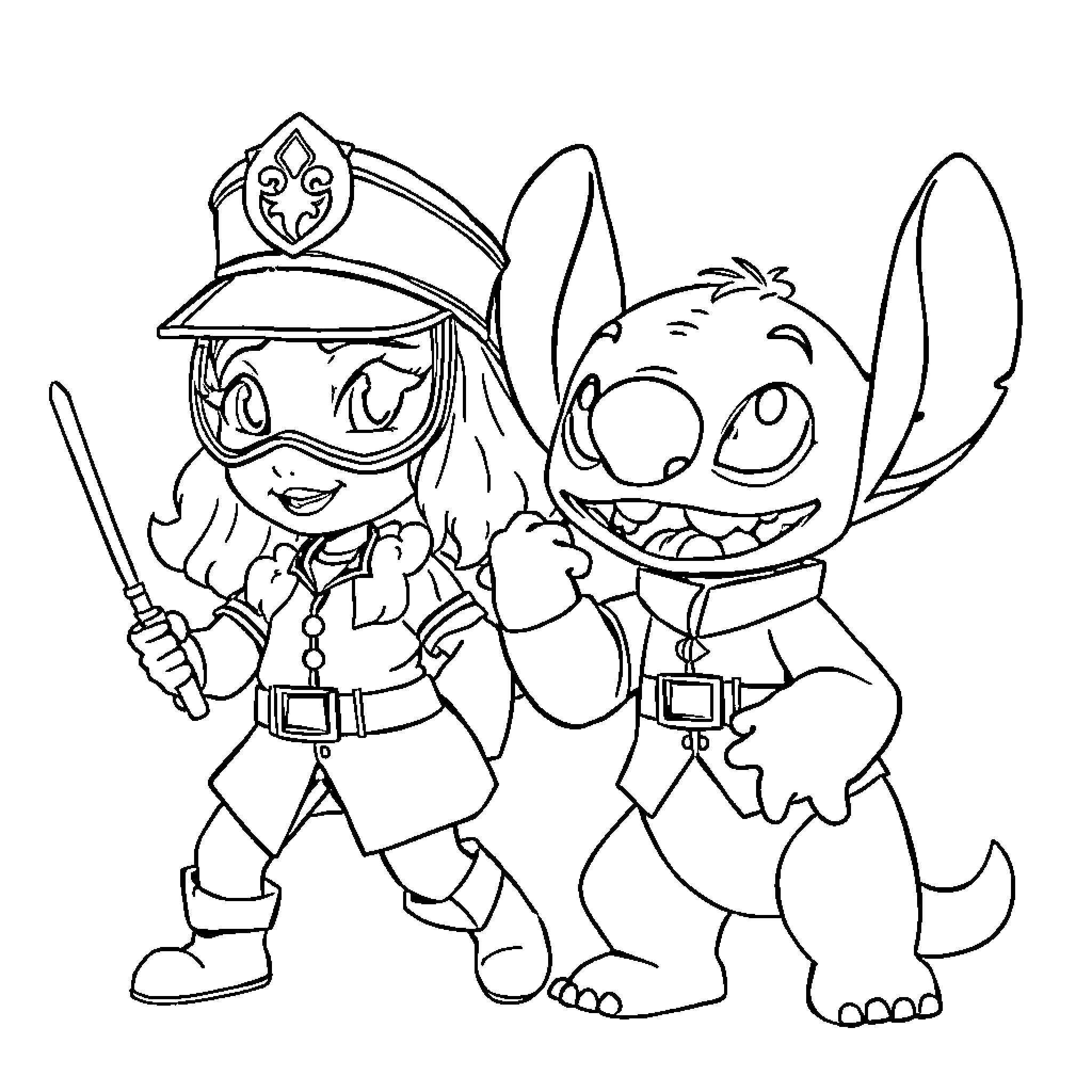 Lilo and Stitch playing as police officers Coloring Page (free black-and-white line drawing printable PDF for all, from beginners to advanced learners, including children, teens, adults, and seniors)