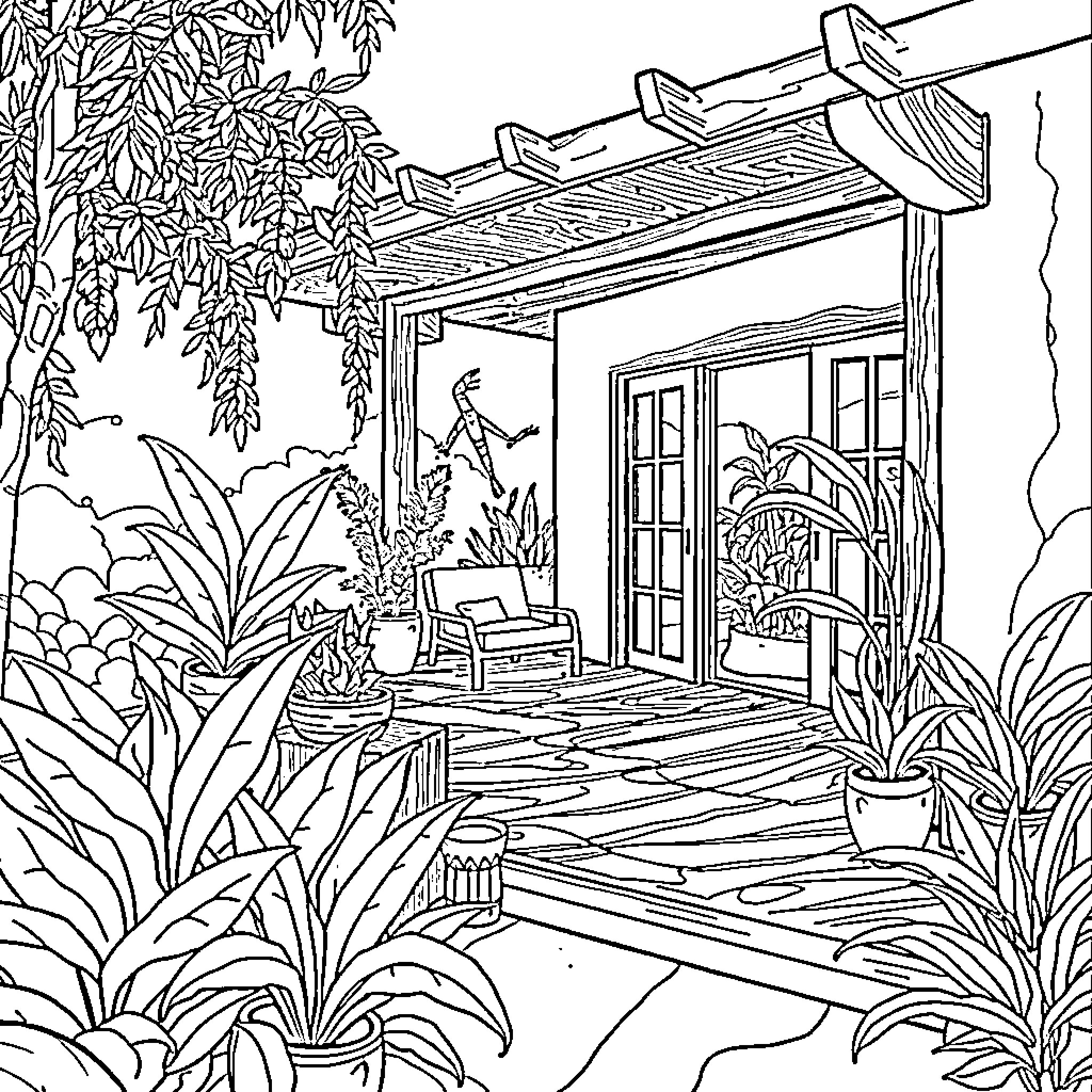Deck with lush tropical foliage and rustic architecture Coloring Page (free black-and-white line drawing printable PDF for all, from beginners to advanced learners, including children, teens, adults, and seniors)