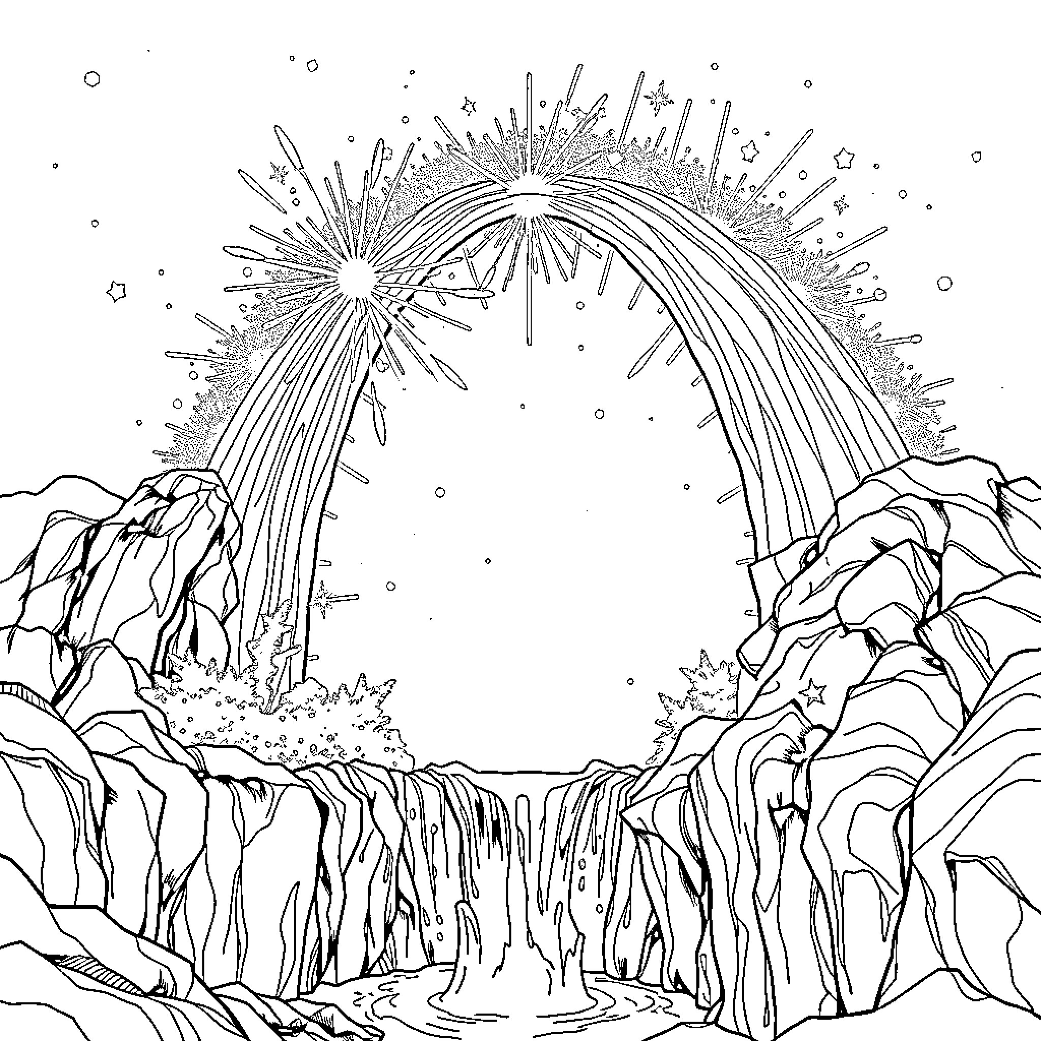 Rainbow Celestial Landscape with Luminous Sky Coloring Page (free black-and-white line drawing printable PDF for all, from beginners to advanced learners, including children, teens, adults, and seniors)