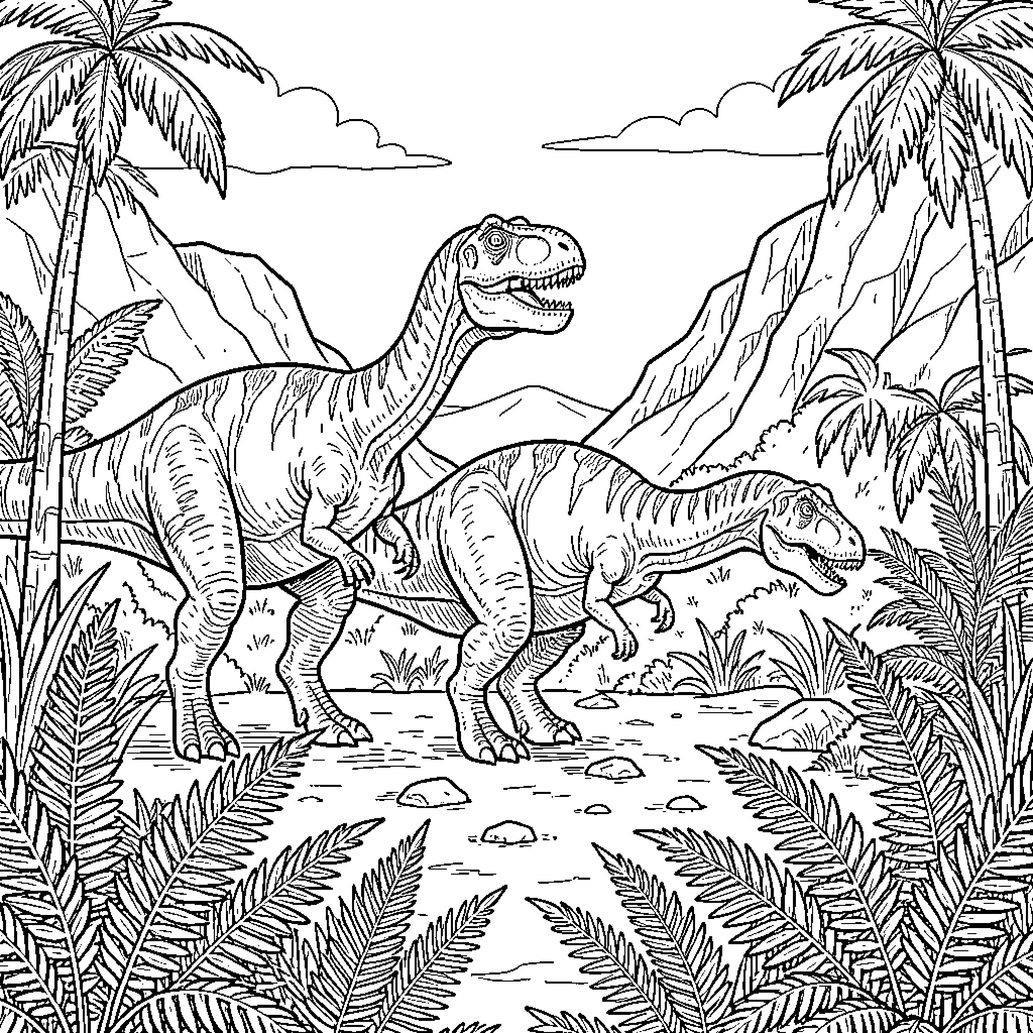 Dinosaur walking through a prehistoric jungle landscape Coloring Page (free black-and-white line drawing printable PDF for all, from beginners to advanced learners, including children, teens, adults, and seniors)