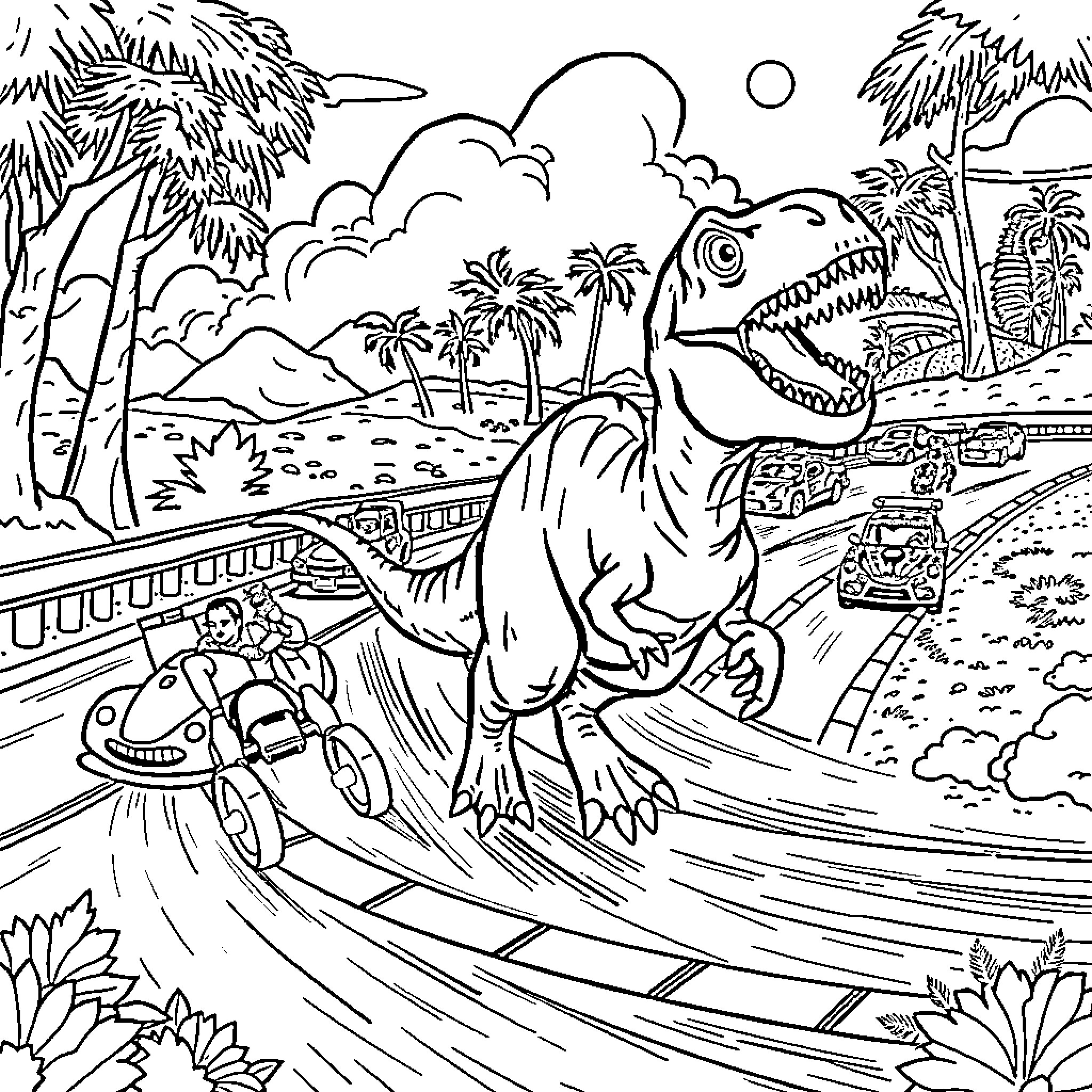 Dinosaur adventuring through tropical landscape Coloring Page (free black-and-white line drawing printable PDF for all, from beginners to advanced learners, including children, teens, adults, and seniors)