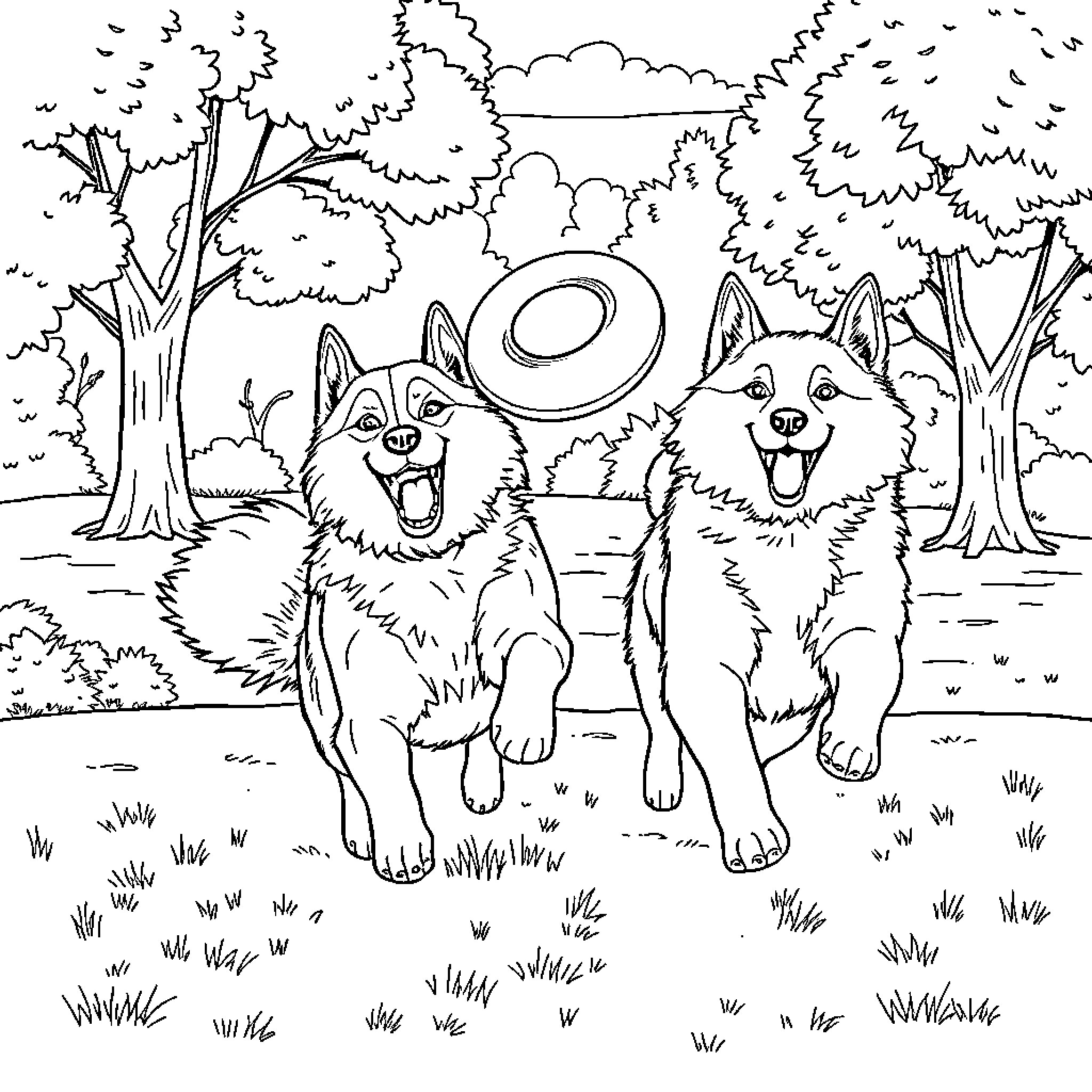 Dog companions explore the forest together Coloring Page (free black-and-white line drawing printable PDF for all, from beginners to advanced learners, including children, teens, adults, and seniors)