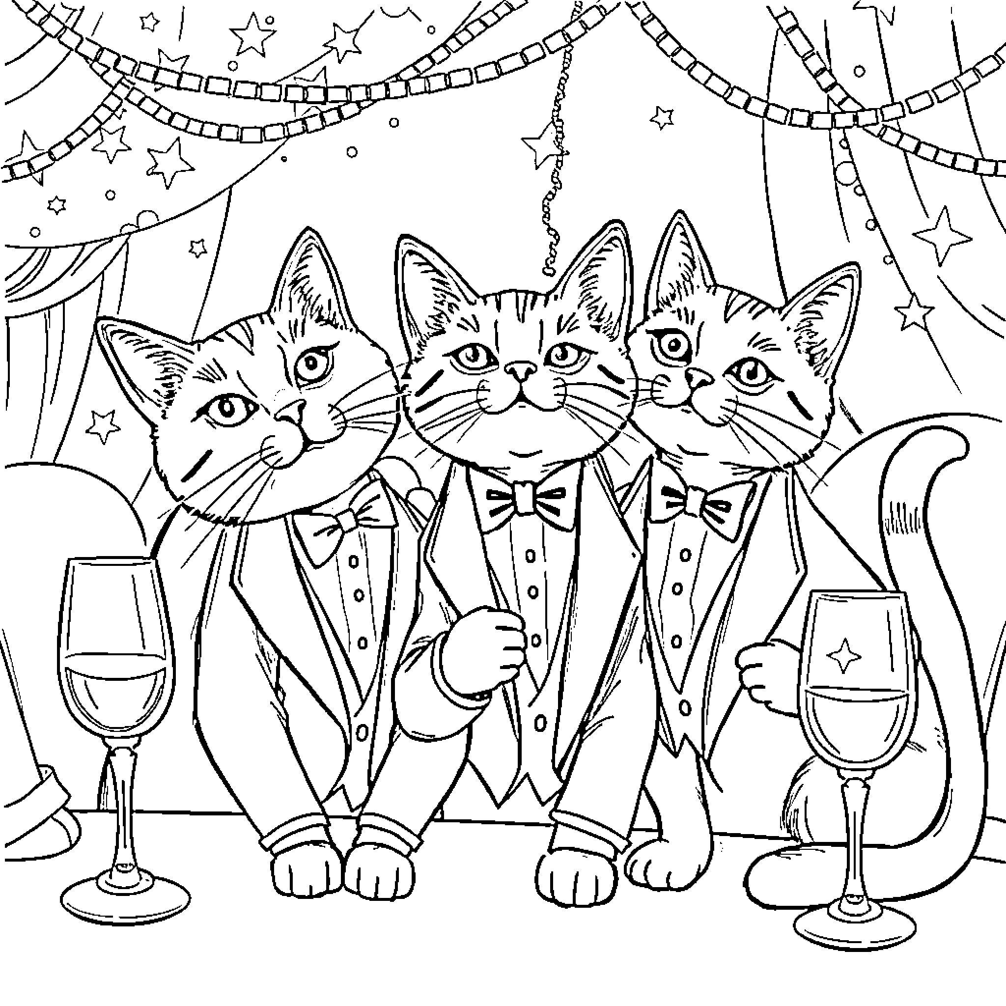 Cat trio dressed up for a party Coloring Page (free black-and-white line drawing printable PDF for all, from beginners to advanced learners, including children, teens, adults, and seniors)