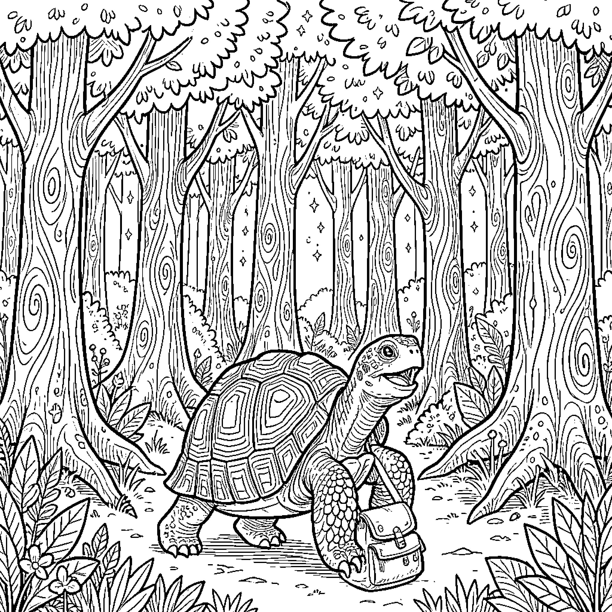 Turtle exploring the magical forest Coloring Page (free black-and-white line drawing printable PDF for all, from beginners to advanced learners, including children, teens, adults, and seniors)