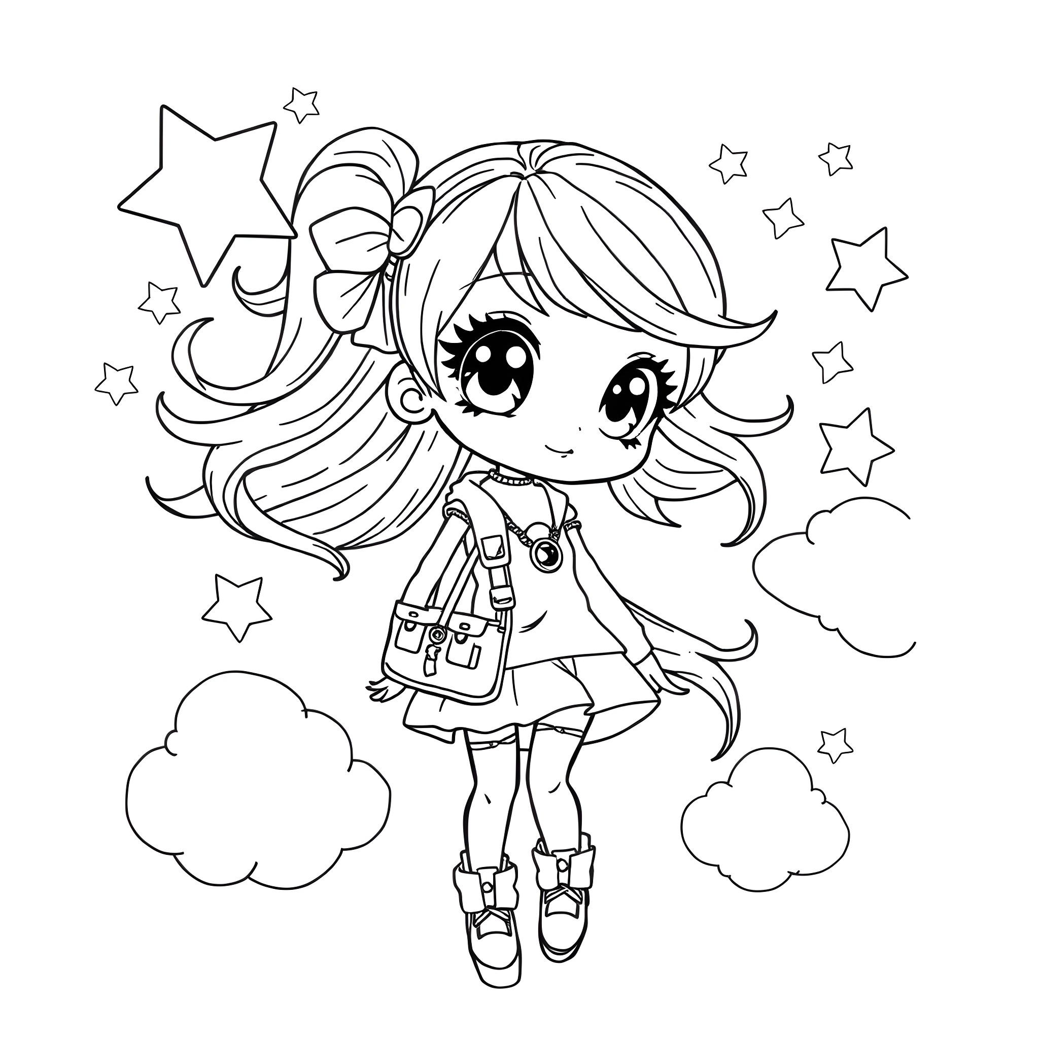 Anime Girl in Starry Dreamy Outfit Coloring Page (free black-and-white line drawing printable PDF for all, from beginners to advanced learners, including children, teens, adults, and seniors)