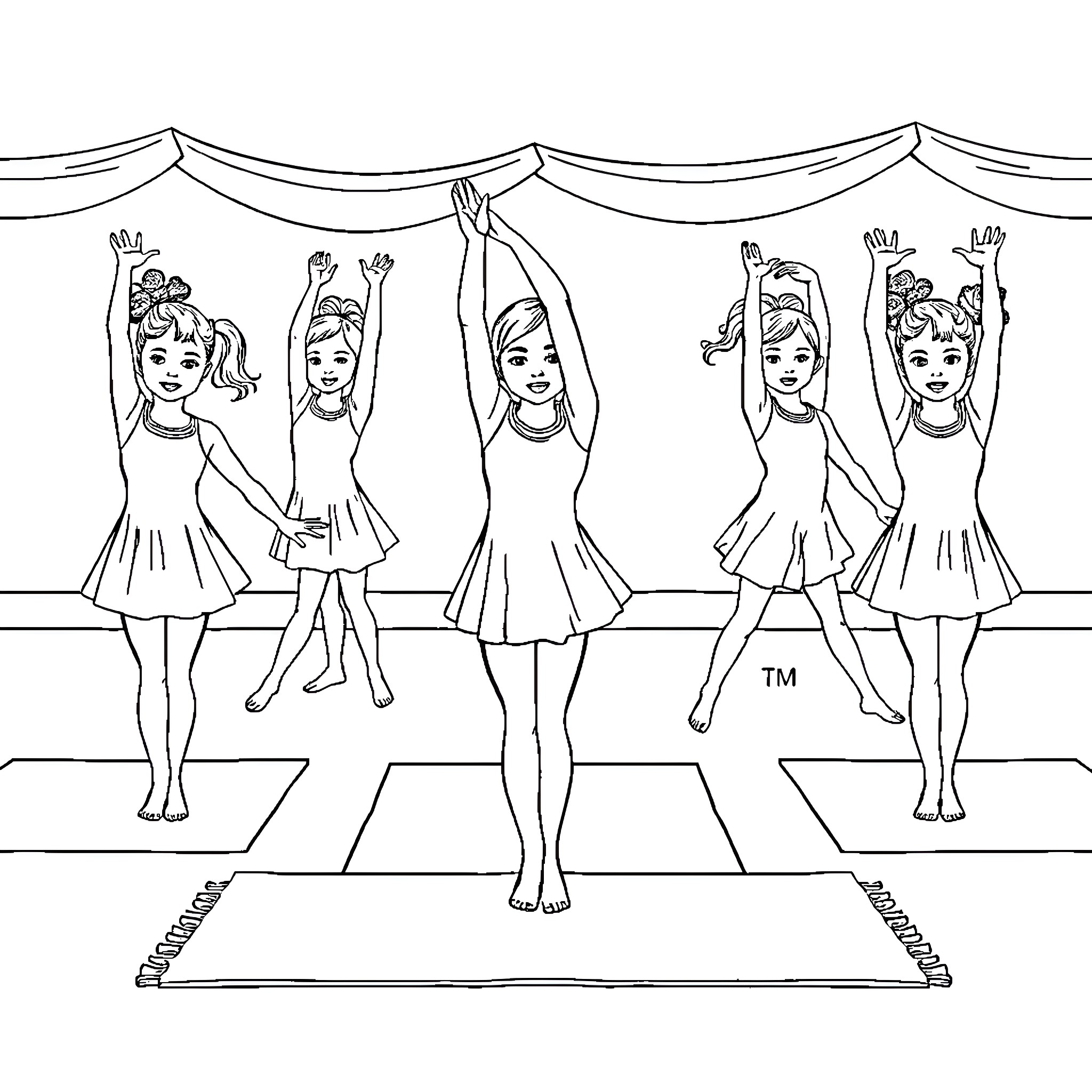 Girls performing ballet dance on stage Coloring Page (free black-and-white line drawing printable PDF for all, from beginners to advanced learners, including children, teens, adults, and seniors)
