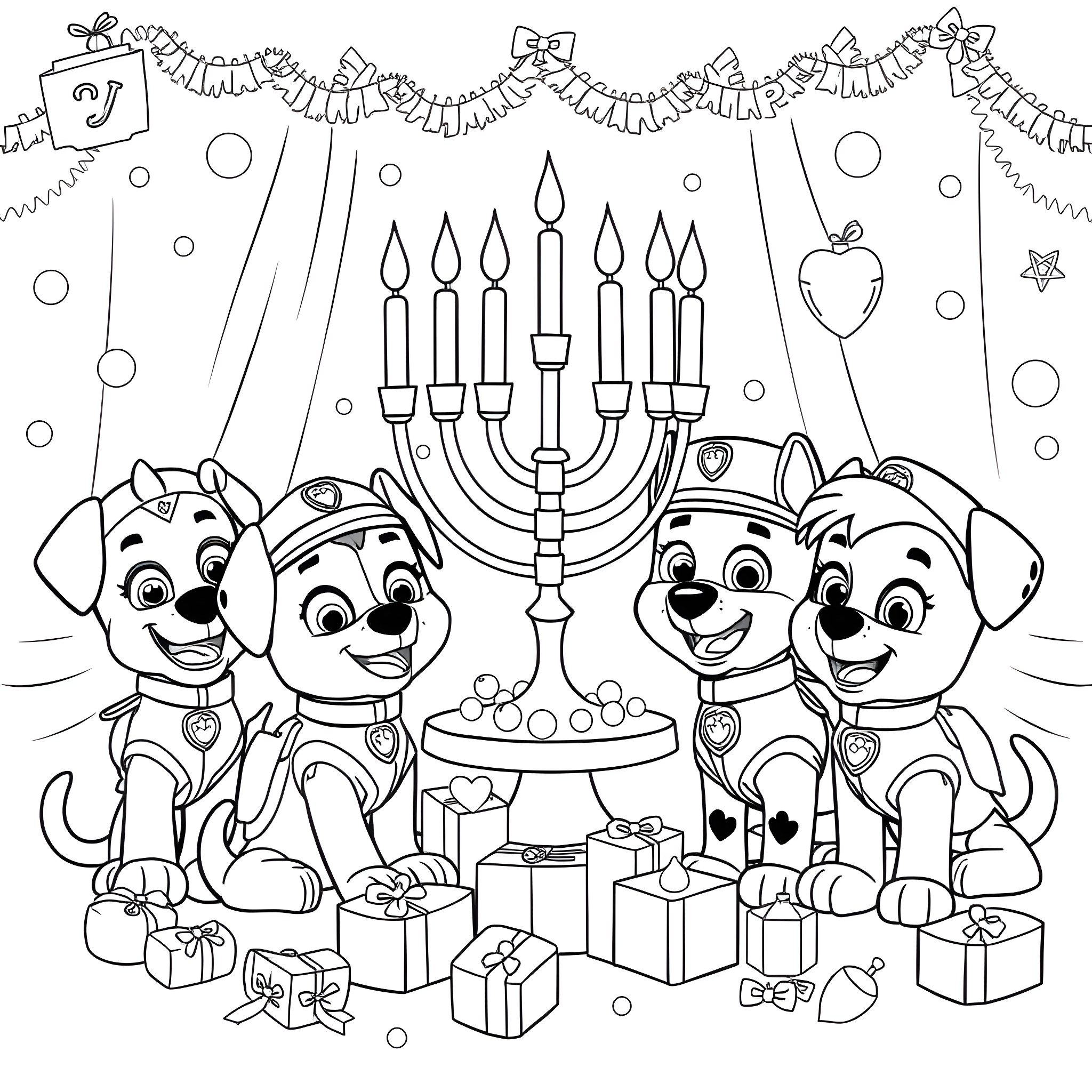 Paw Patrol's Festive Celebration Coloring Page (free black-and-white line drawing printable PDF for all, from beginners to advanced learners, including children, teens, adults, and seniors)