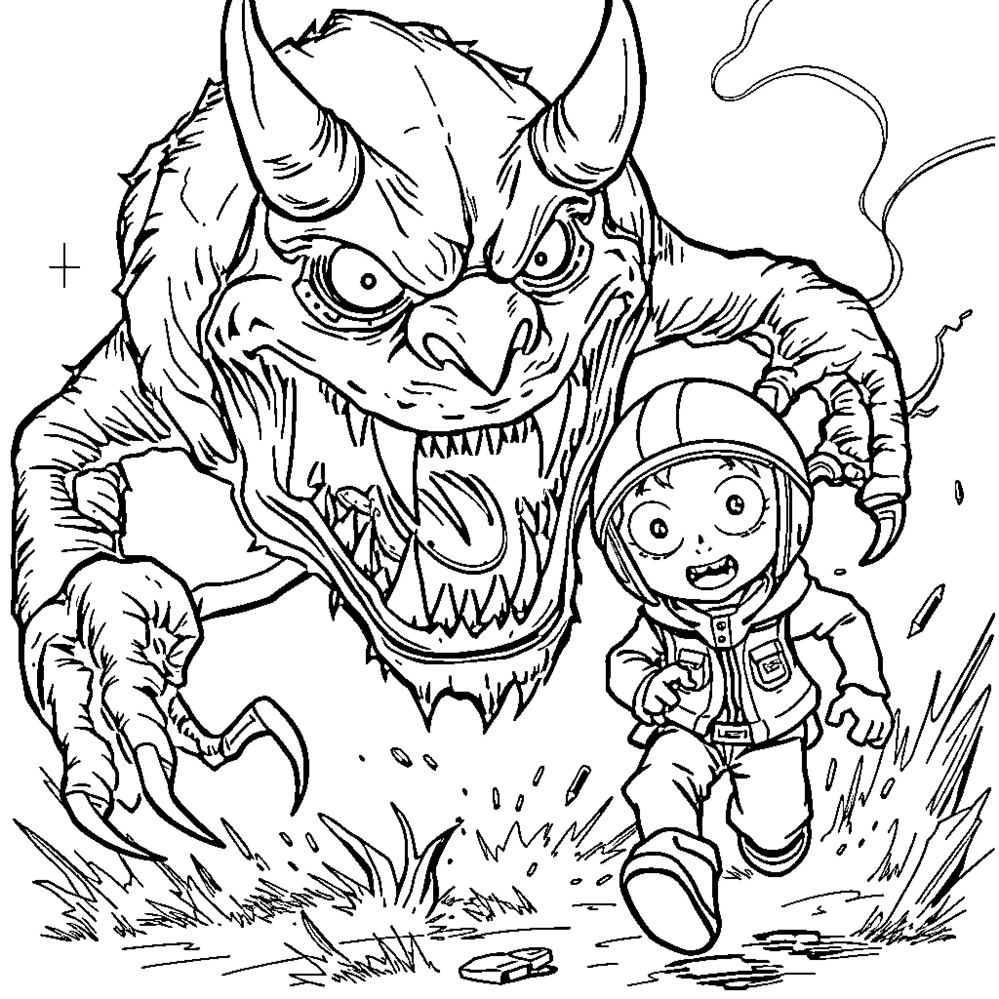 Monster chasing frightened person in the dark Coloring Page (free black-and-white line drawing printable PDF for all, from beginners to advanced learners, including children, teens, adults, and seniors)