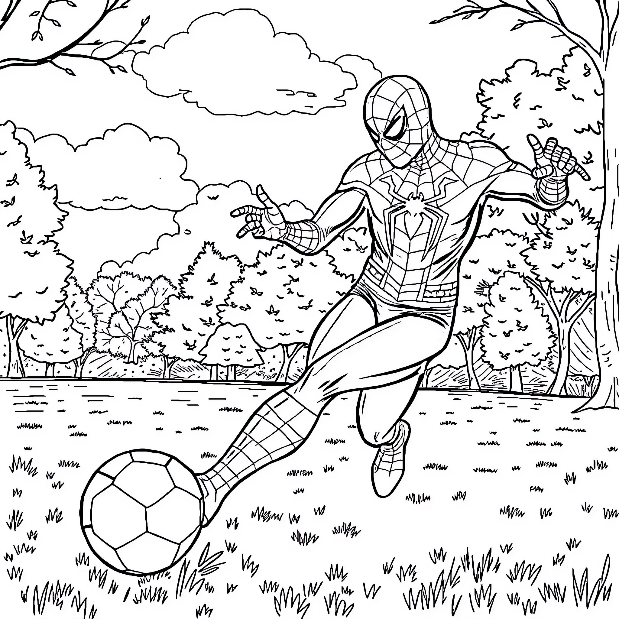 Spiderman playing with a soccer ball in the park Coloring Page (free black-and-white line drawing printable PDF for all, from beginners to advanced learners, including children, teens, adults, and seniors)