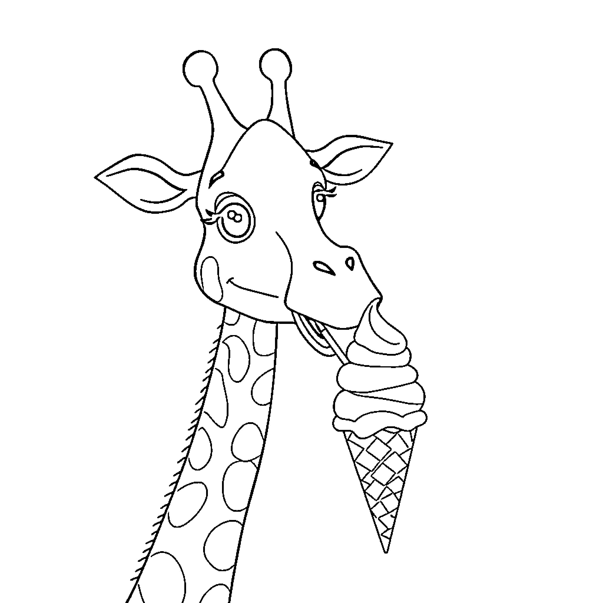 Giraffe enjoying an ice cream treat Coloring Page (free black-and-white line drawing printable PDF for all, from beginners to advanced learners, including children, teens, adults, and seniors)