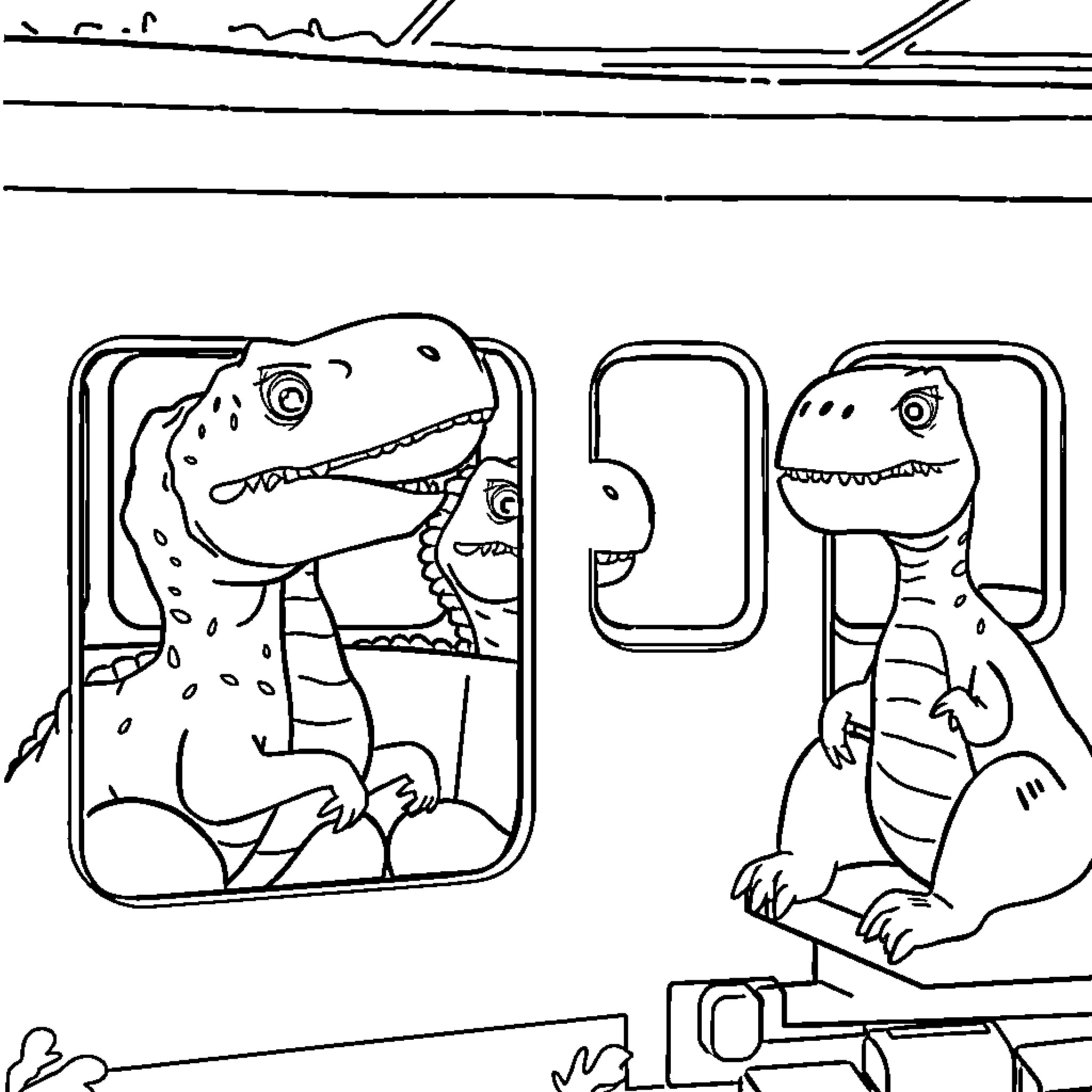 Dinosaurs riding on a train Coloring Page (free black-and-white line drawing printable PDF for all, from beginners to advanced learners, including children, teens, adults, and seniors)