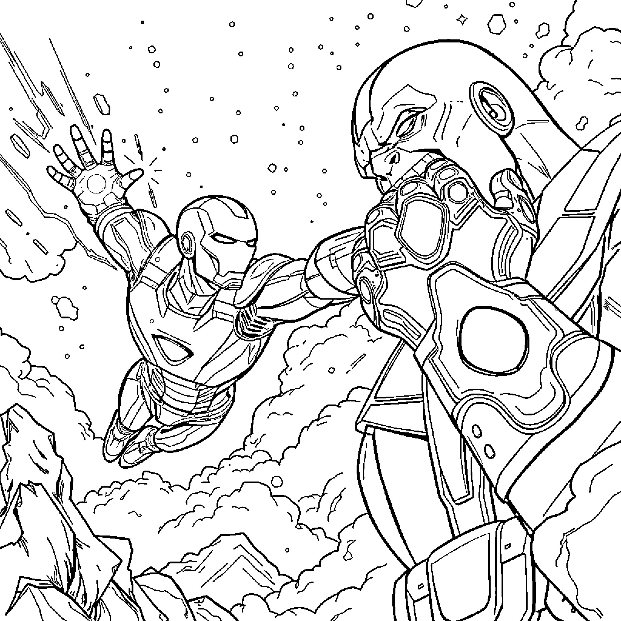 Iron Man heroic action against cosmic forces Coloring Page (free black-and-white line drawing printable PDF for all, from beginners to advanced learners, including children, teens, adults, and seniors)