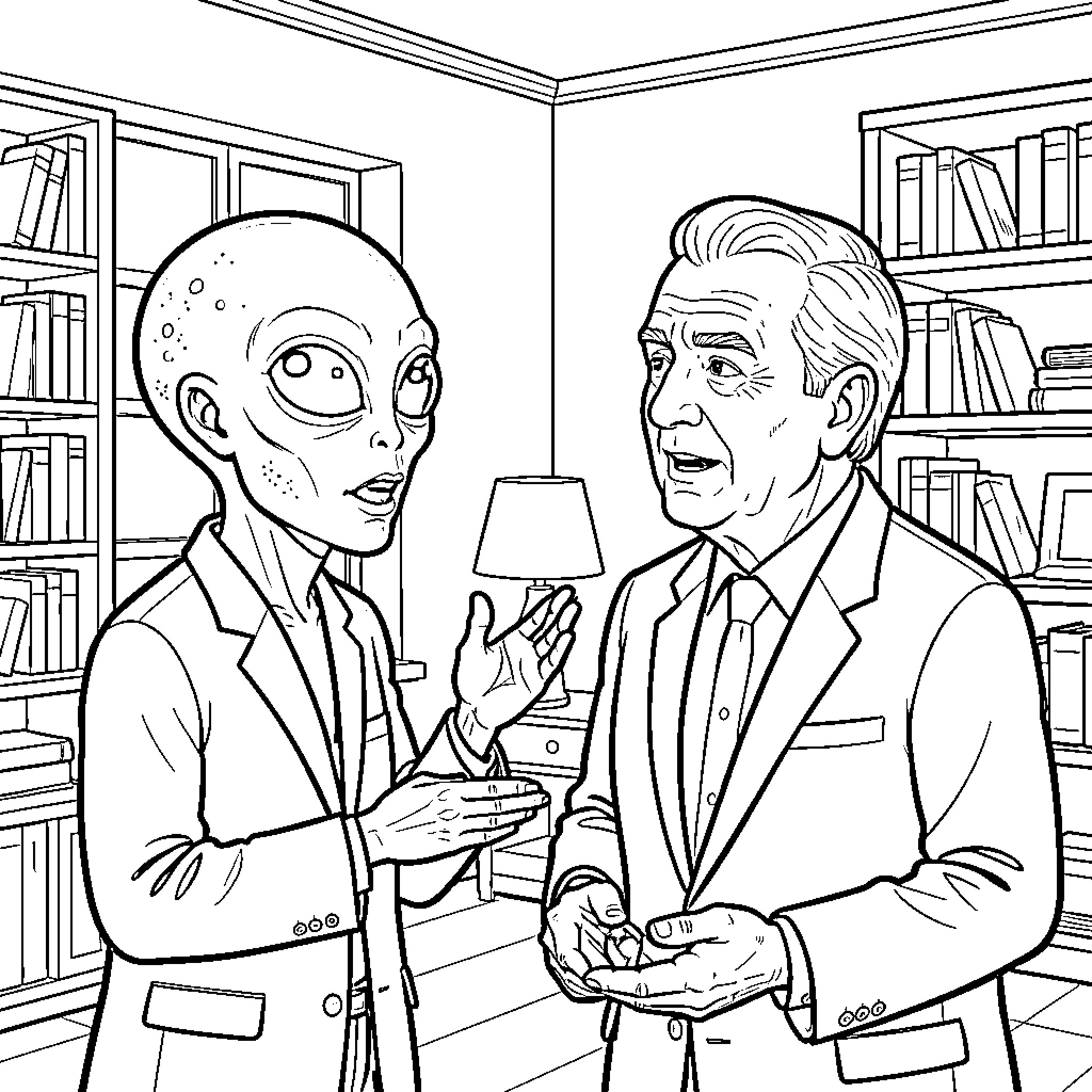 Extraterrestrial Encounter in Academic Setting Coloring Page (free black-and-white line drawing printable PDF for all, from beginners to advanced learners, including children, teens, adults, and seniors)