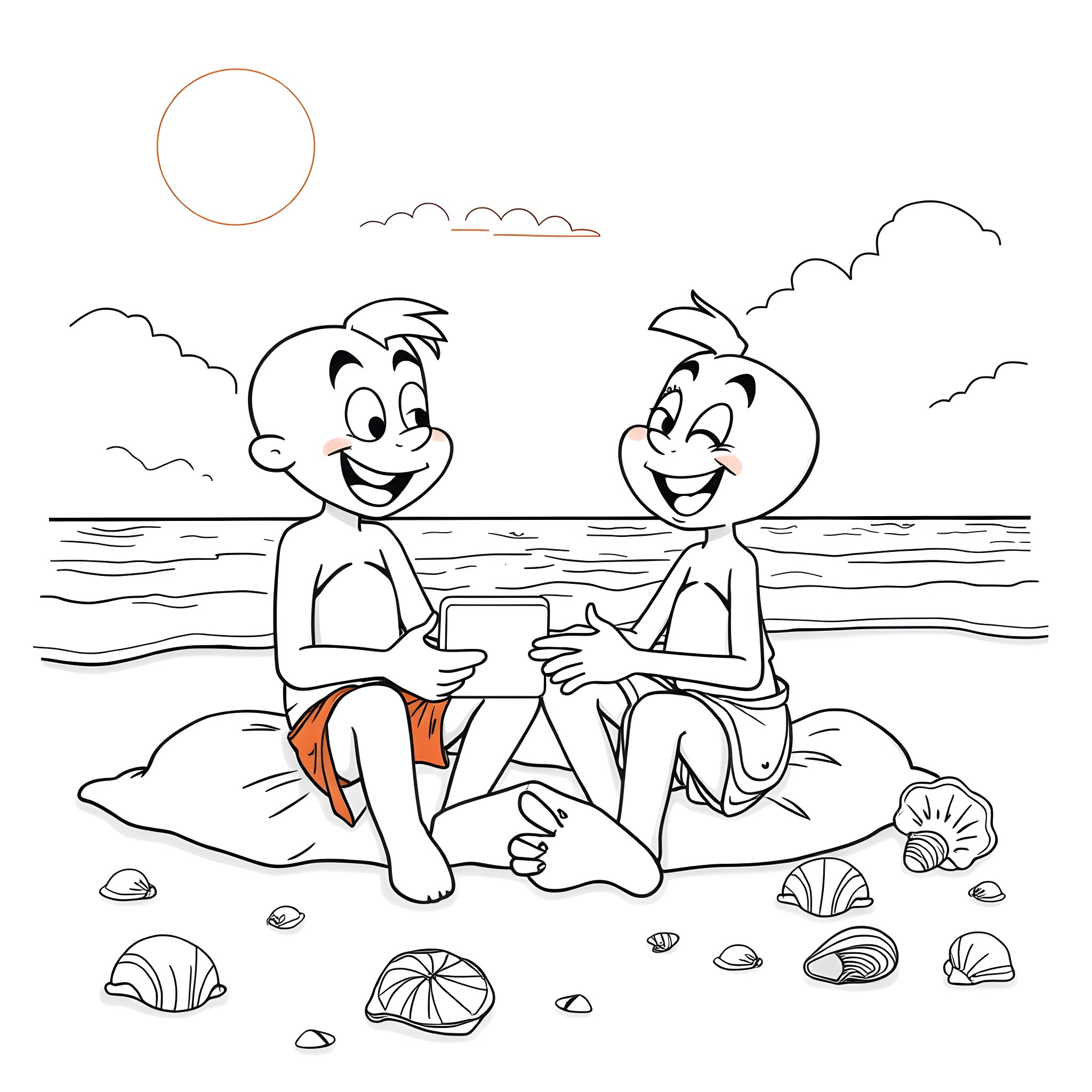 Bluey and friend relaxing on the beach Coloring Page (free black-and-white line drawing printable PDF for all, from beginners to advanced learners, including children, teens, adults, and seniors)