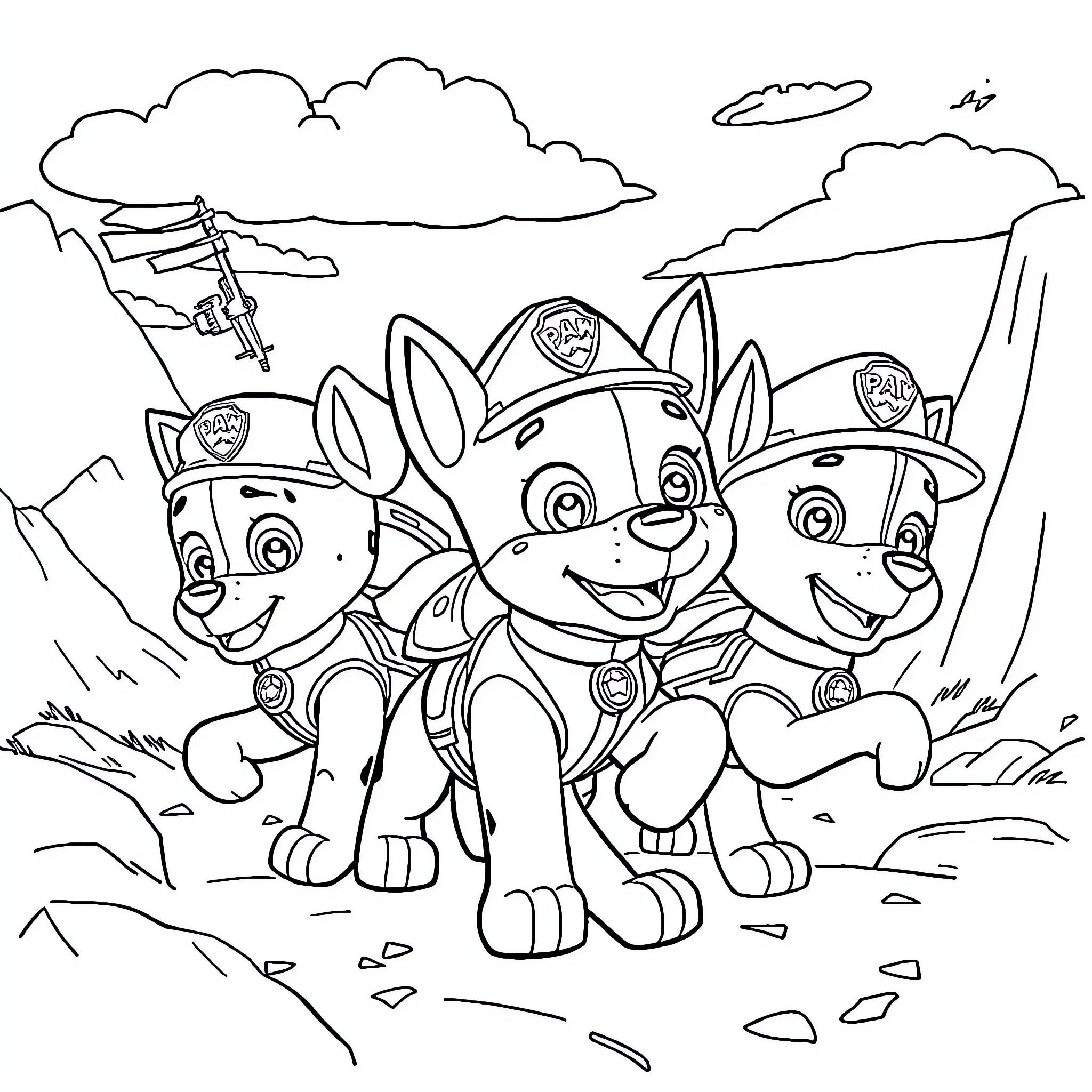 Paw Patrol Team Ready for Adventure Coloring Page (free black-and-white line drawing printable PDF for all, from beginners to advanced learners, including children, teens, adults, and seniors)