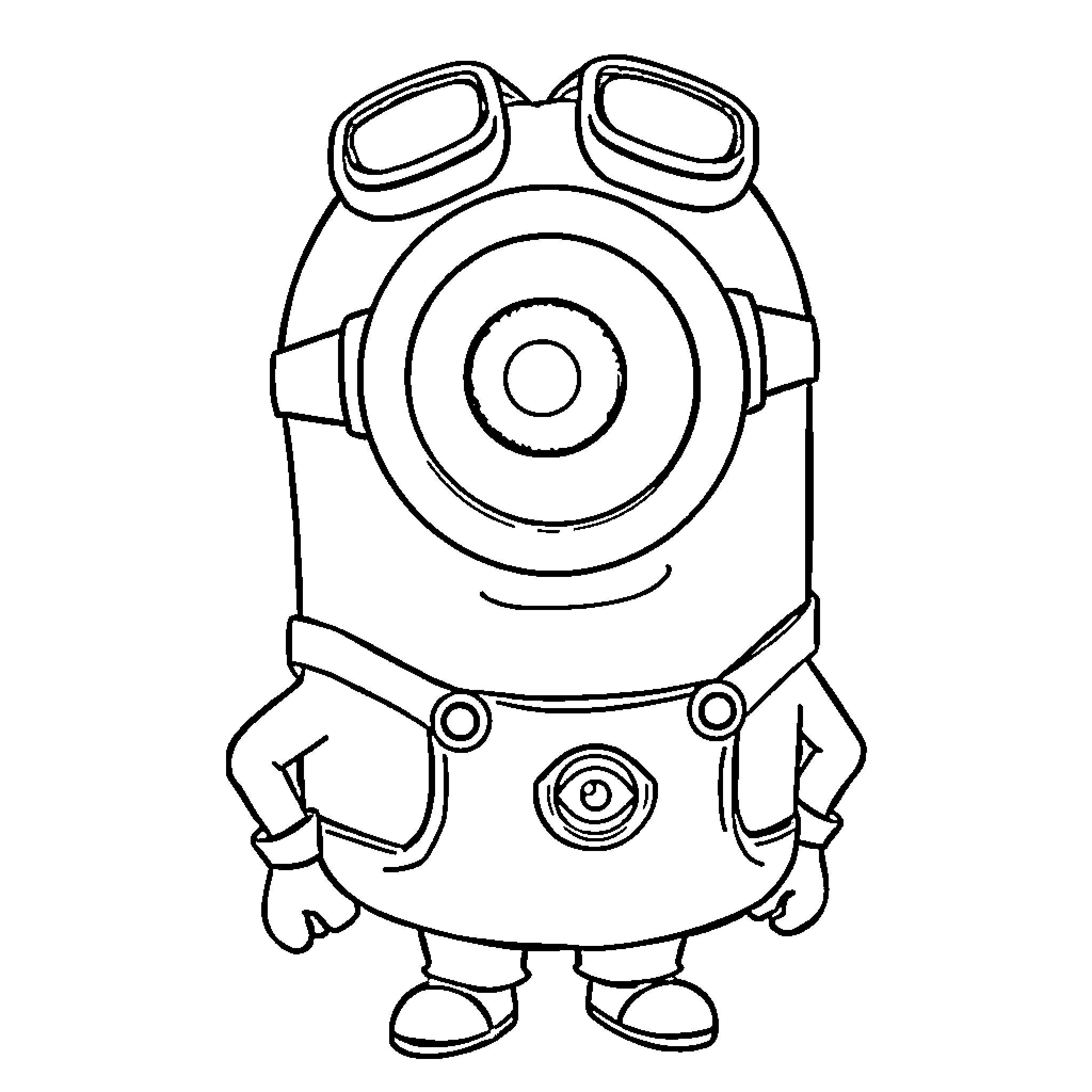 Minion wearing goggles and overalls Coloring Page (free black-and-white line drawing printable PDF for all, from beginners to advanced learners, including children, teens, adults, and seniors)