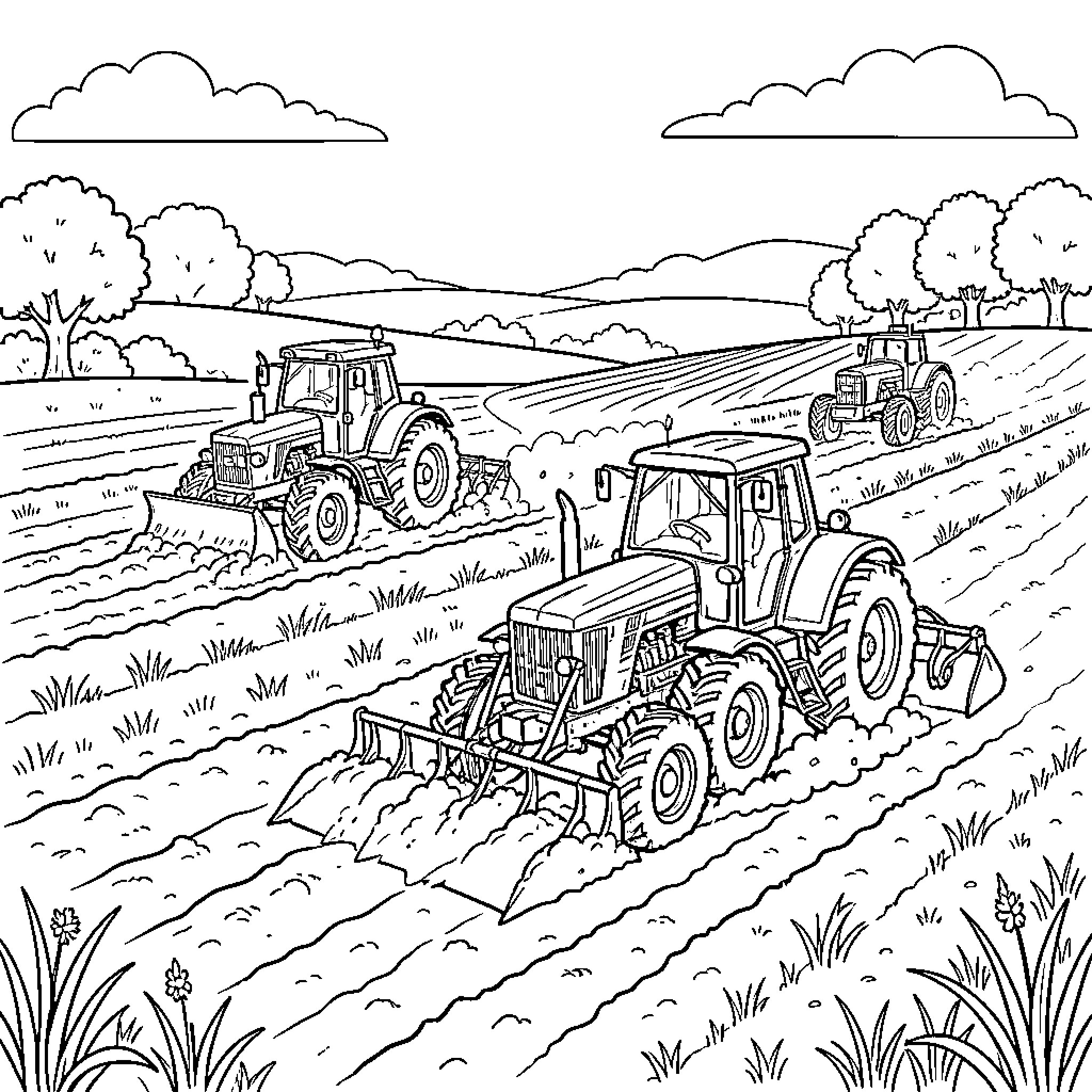 Tractor plowing through rows in a farm field Coloring Page (free black-and-white line drawing printable PDF for all, from beginners to advanced learners, including children, teens, adults, and seniors)