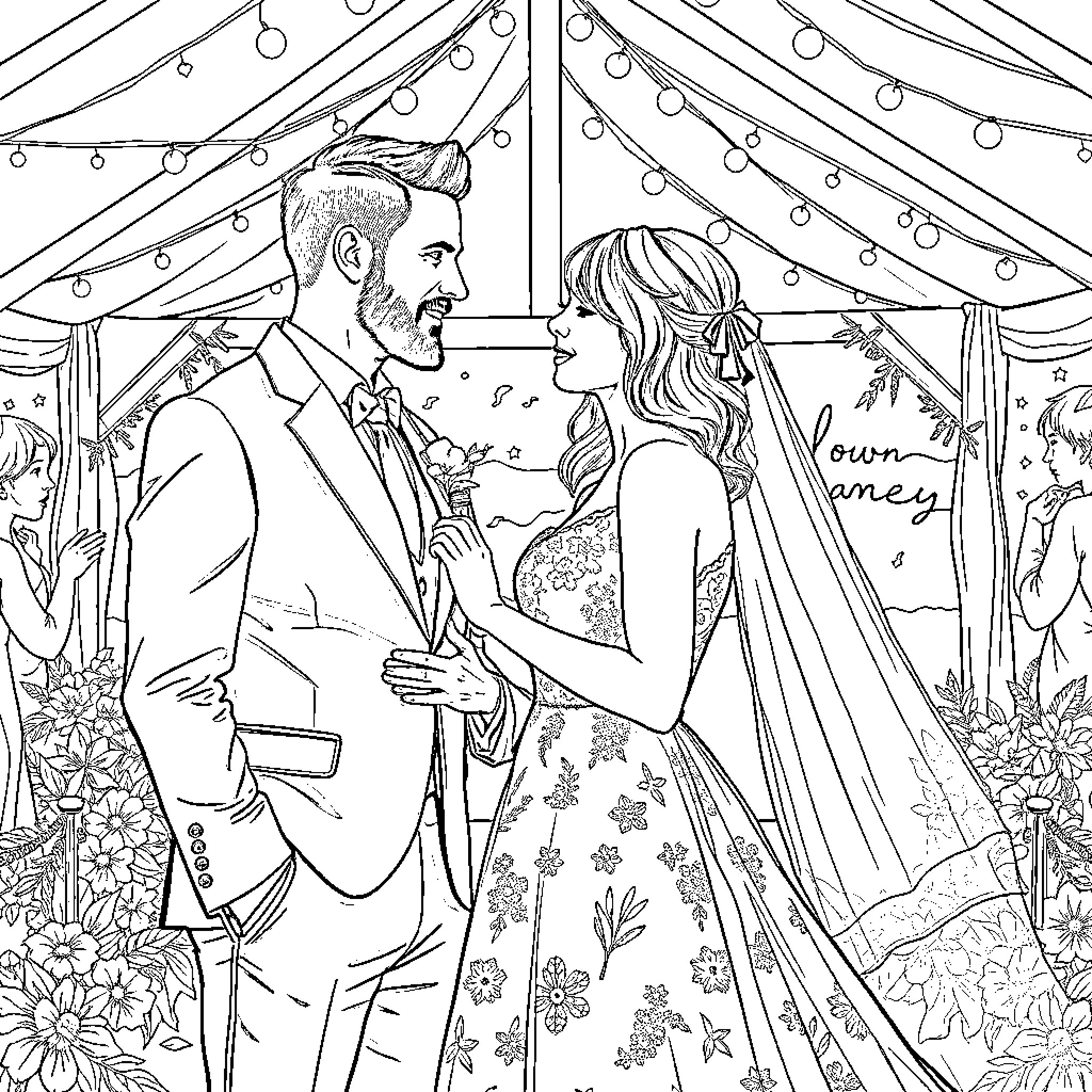 Taylor Swift's Elegant Wedding Day Celebration Coloring Page (free black-and-white line drawing printable PDF for all, from beginners to advanced learners, including children, teens, adults, and seniors)