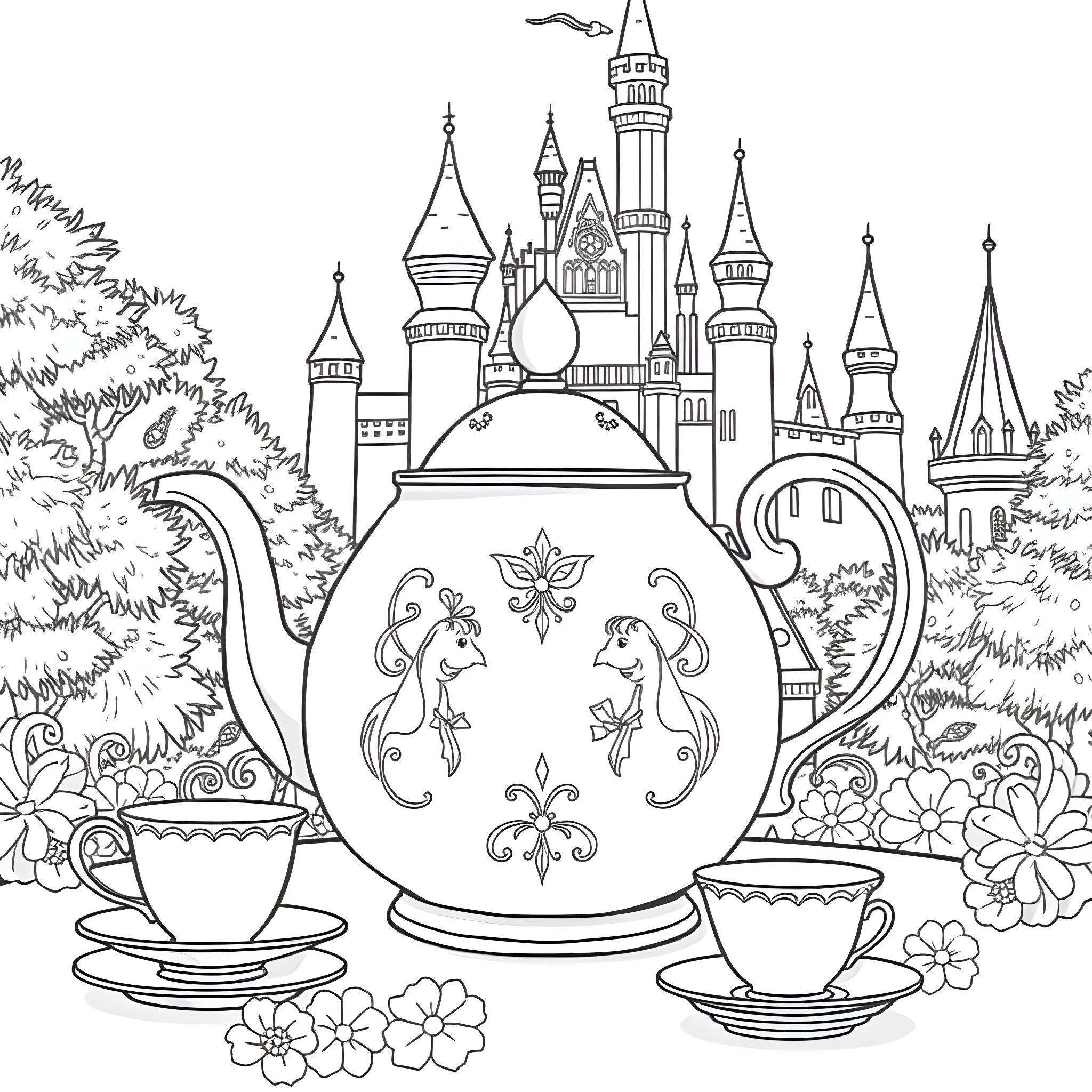 Mrs Potts enjoying a peaceful tea party in a magical castle Coloring Page (free black-and-white line drawing printable PDF for all, from beginners to advanced learners, including children, teens, adults, and seniors)