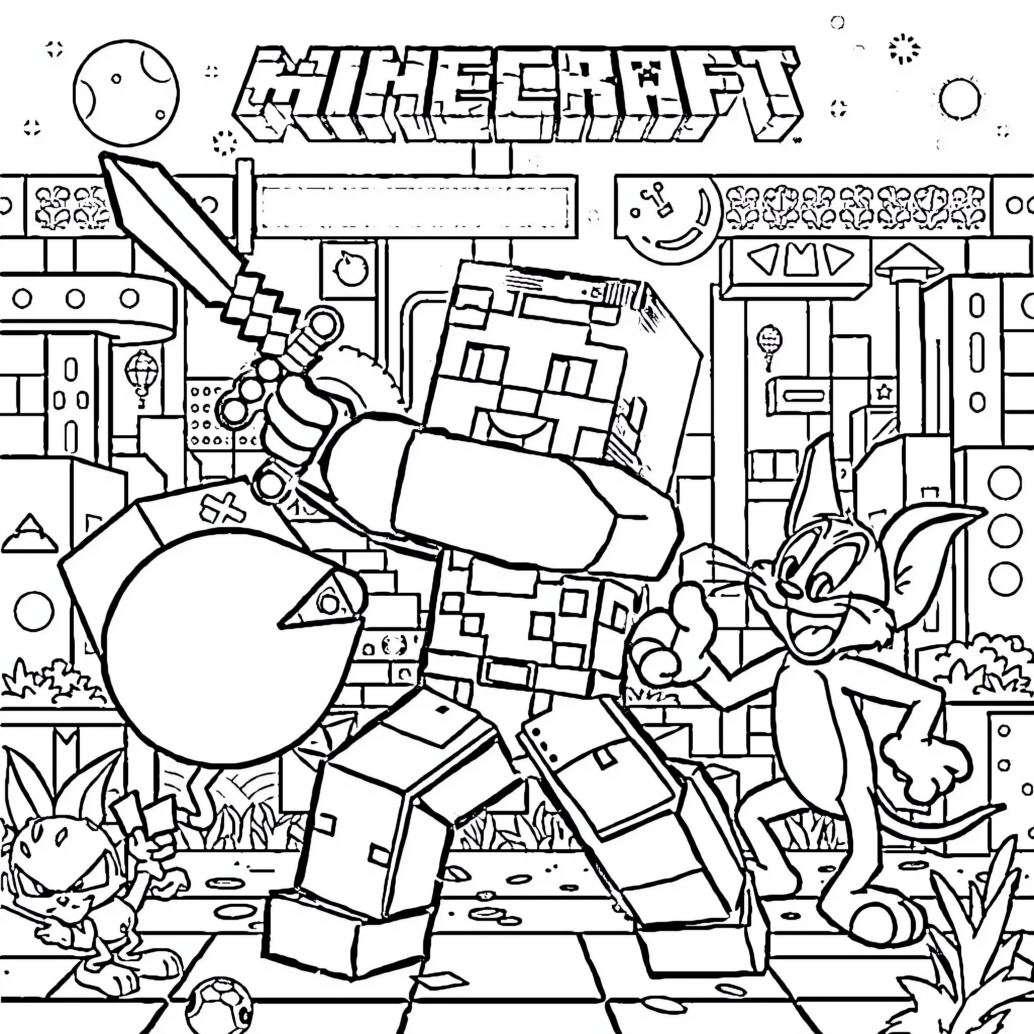 Minecraft Character in an Animated World Coloring Page (free black-and-white line drawing printable PDF for all, from beginners to advanced learners, including children, teens, adults, and seniors)
