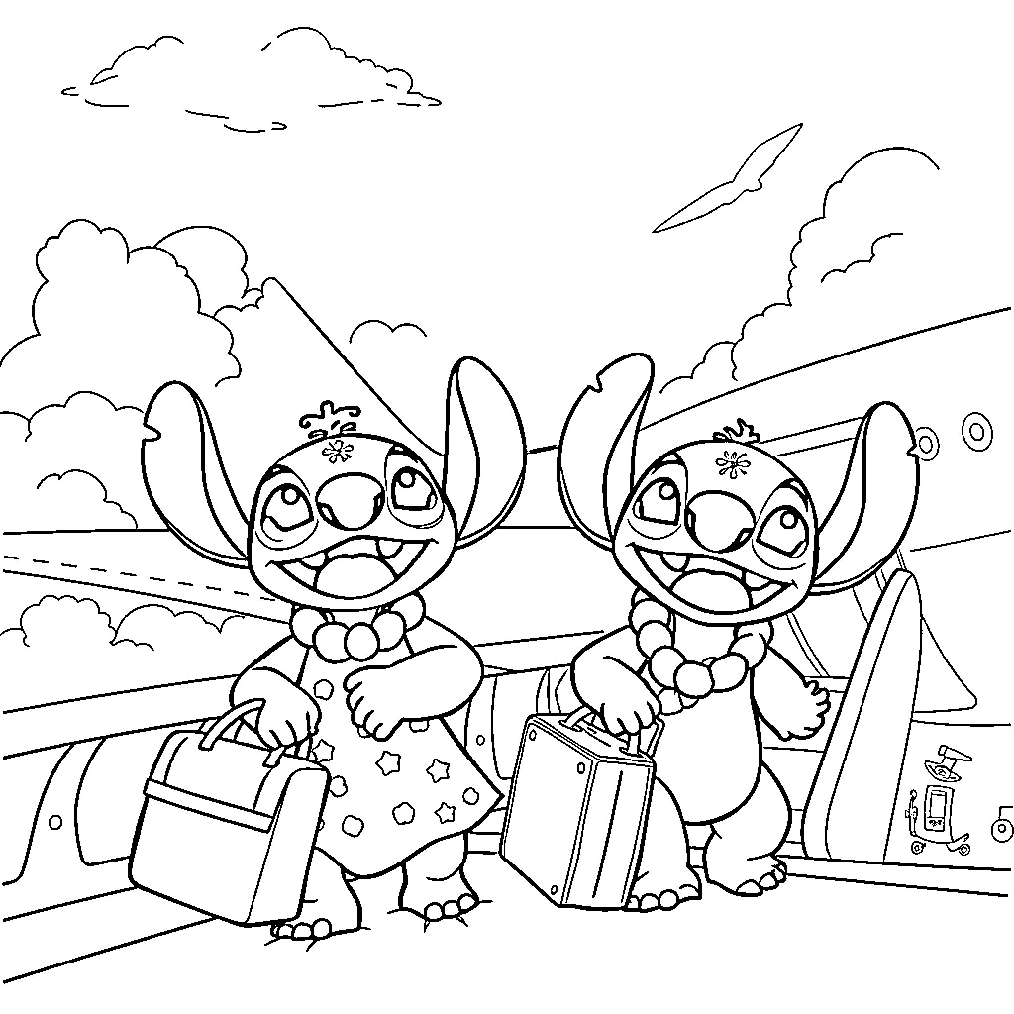 Lilo And Stitch on a Tropical Adventure Coloring Page (free black-and-white line drawing printable PDF for all, from beginners to advanced learners, including children, teens, adults, and seniors)