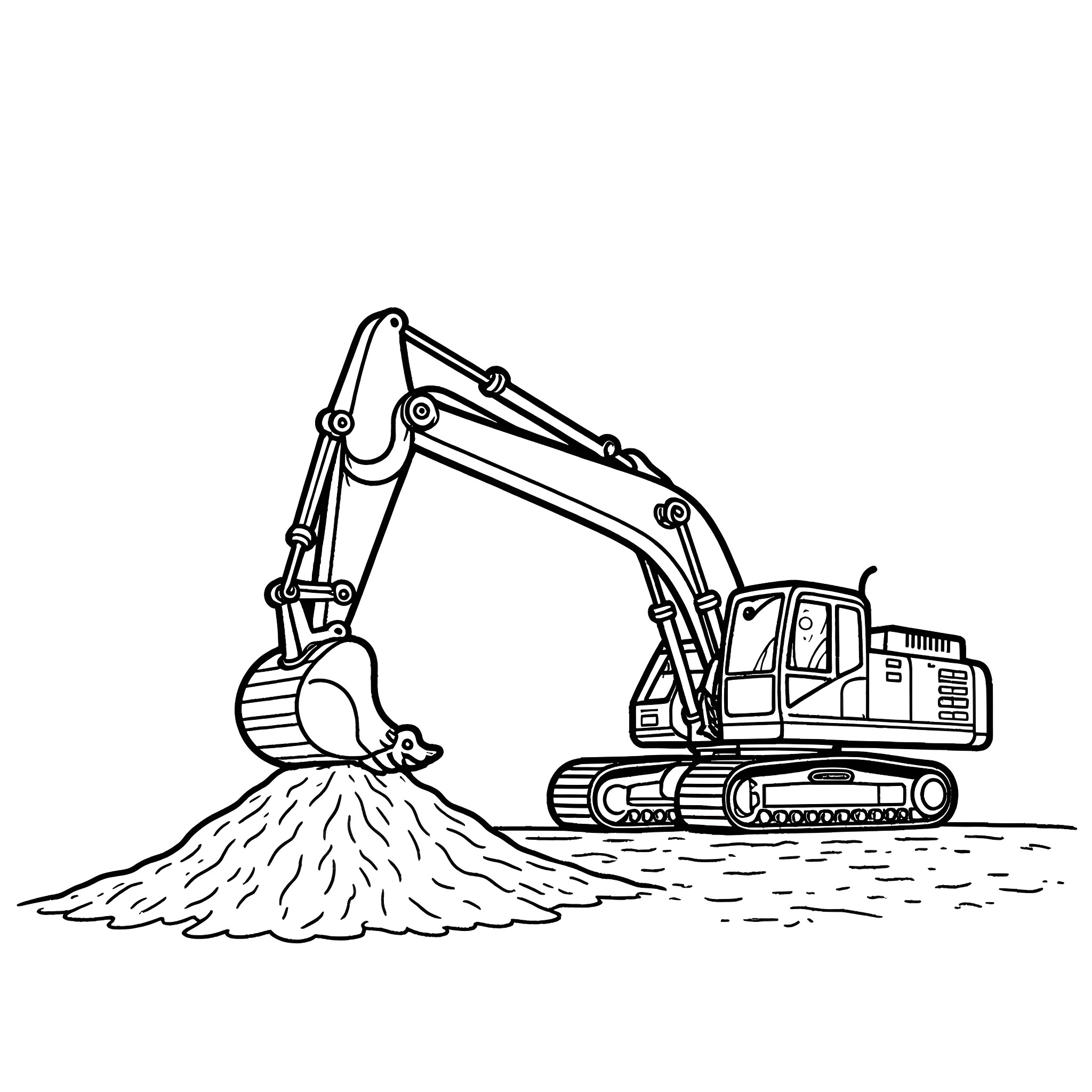 Excavator digging and moving soil on construction site Coloring Page (free black-and-white line drawing printable PDF for all, from beginners to advanced learners, including children, teens, adults, and seniors)