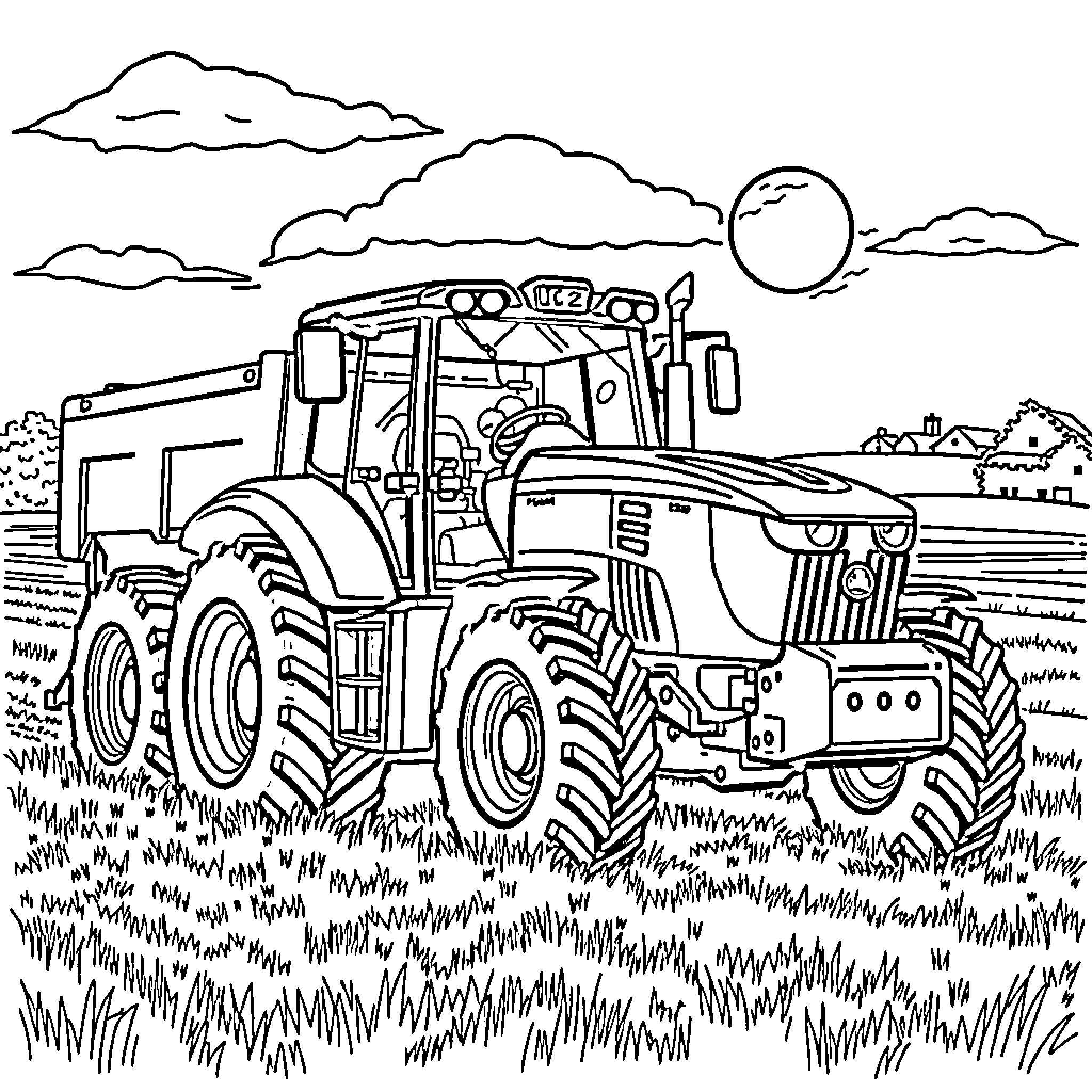 Tractor working in a rural landscape Coloring Page (free black-and-white line drawing printable PDF for all, from beginners to advanced learners, including children, teens, adults, and seniors)