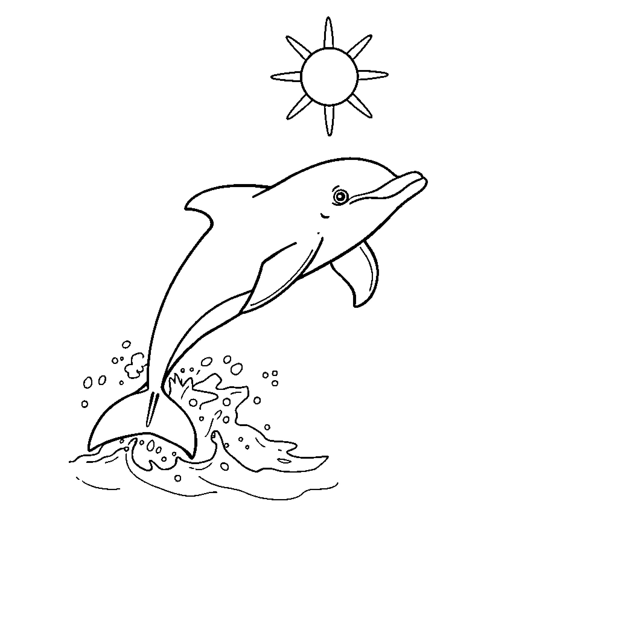 Dolphin jumping out of the water under the sun Coloring Page (free black-and-white line drawing printable PDF for all, from beginners to advanced learners, including children, teens, adults, and seniors)