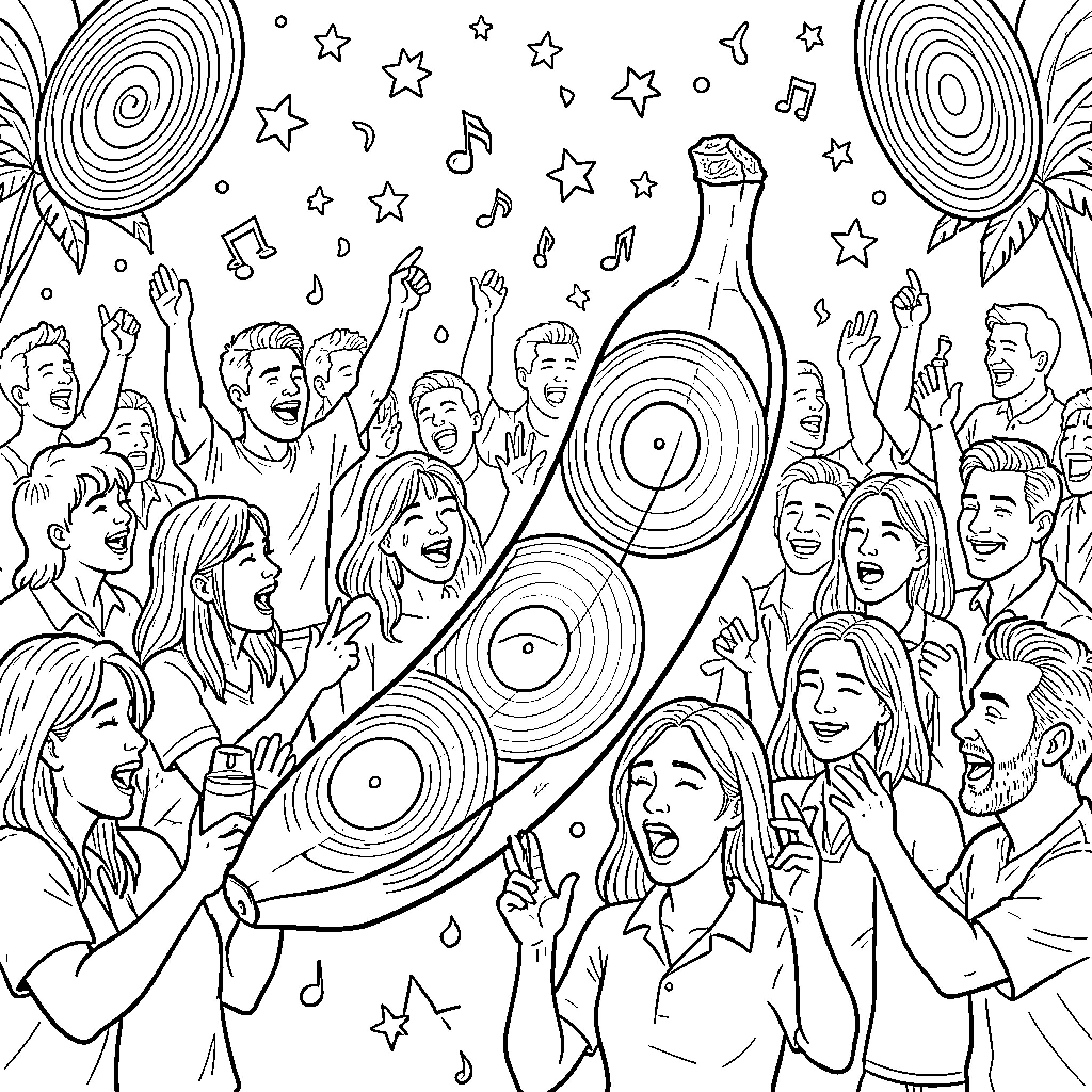 Banana music festival with joyful crowd Coloring Page (free black-and-white line drawing printable PDF for all, from beginners to advanced learners, including children, teens, adults, and seniors)