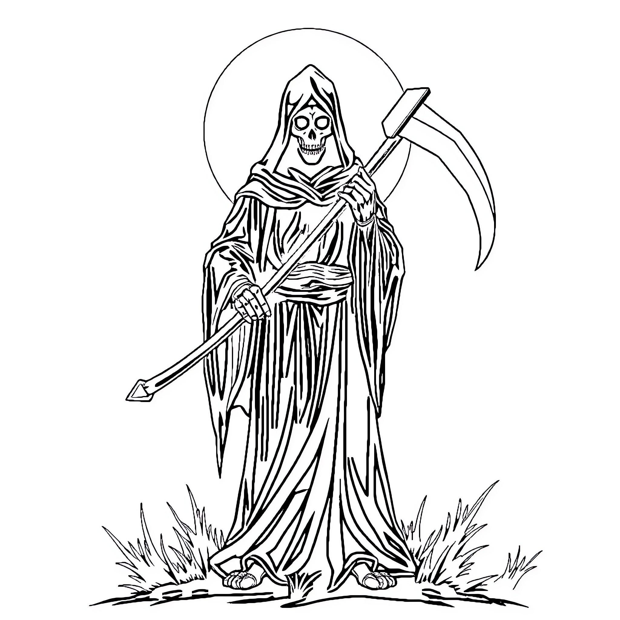 Grim Reaper with scythe in menacing stance Coloring Page (free black-and-white line drawing printable PDF for all, from beginners to advanced learners, including children, teens, adults, and seniors)