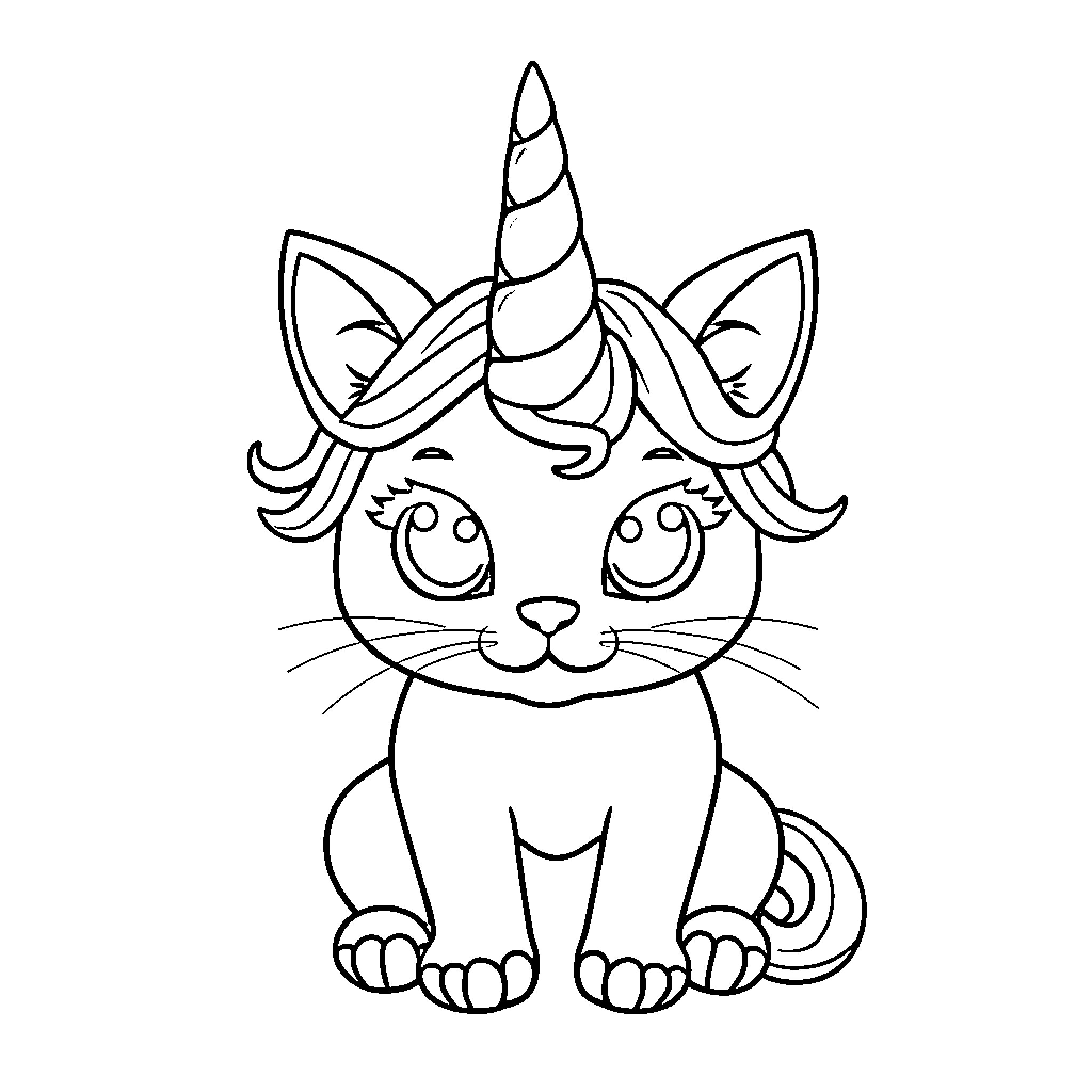 Unicorn Cat with Whimsical Horns and Expressions Coloring Page (free black-and-white line drawing printable PDF for all, from beginners to advanced learners, including children, teens, adults, and seniors)