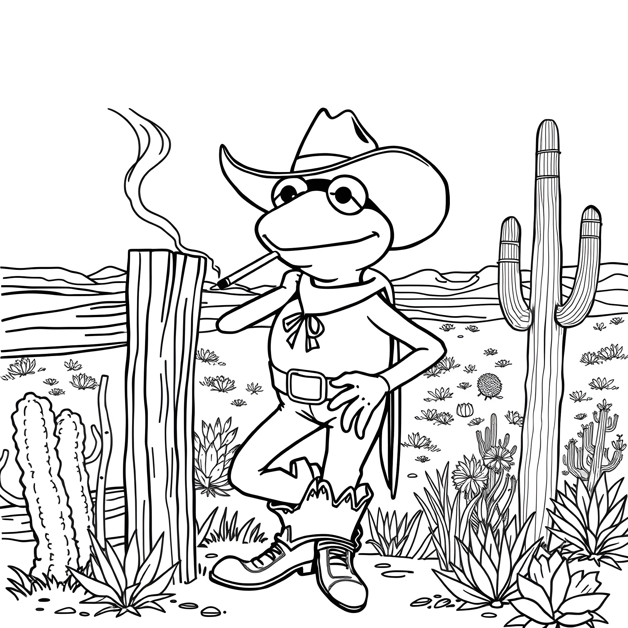 Kermit the Frog as a Cowboy in the Desert Coloring Page (free black-and-white line drawing printable PDF for all, from beginners to advanced learners, including children, teens, adults, and seniors)