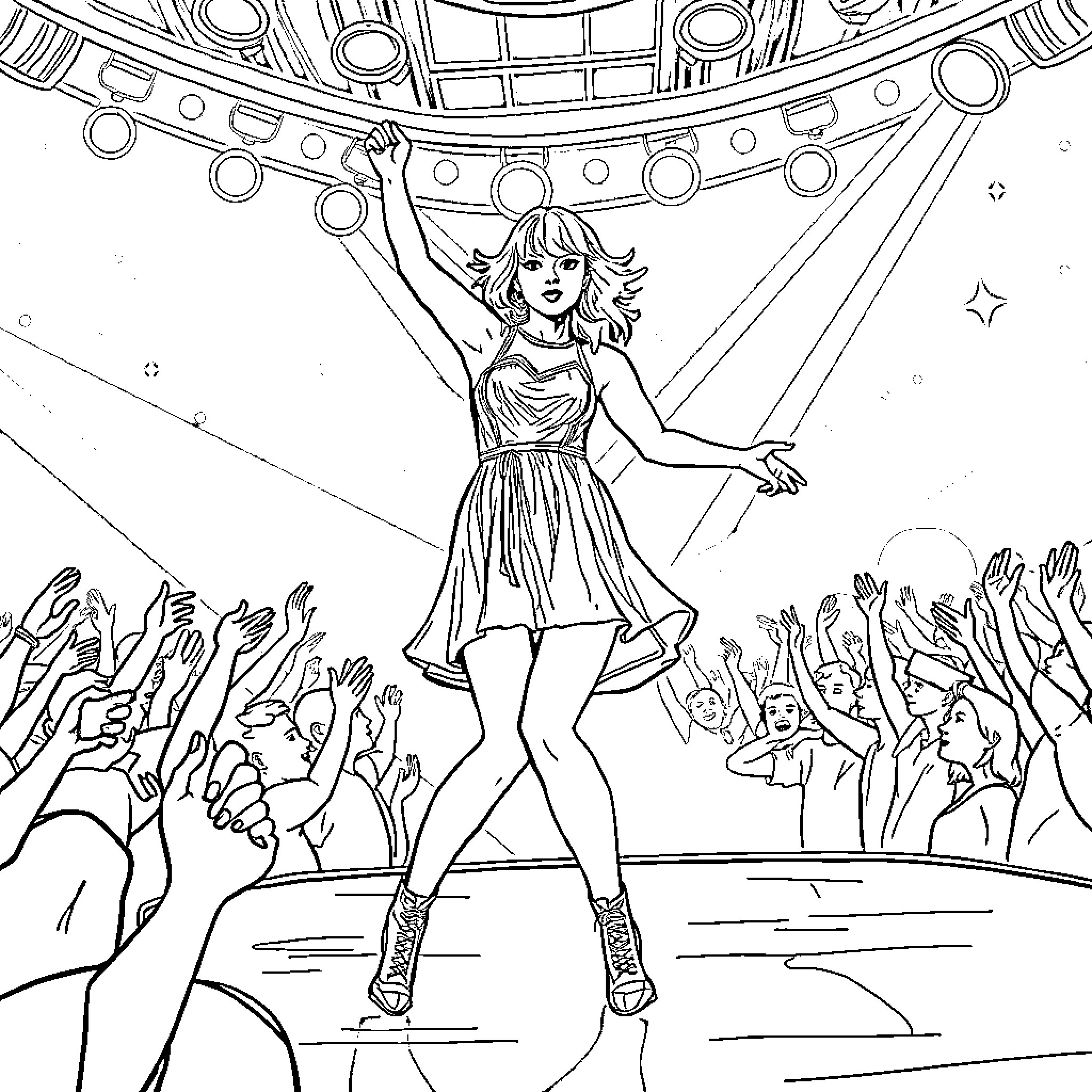 Taylor Swift Performing on Stage with Crowd Coloring Page (free black-and-white line drawing printable PDF for all, from beginners to advanced learners, including children, teens, adults, and seniors)