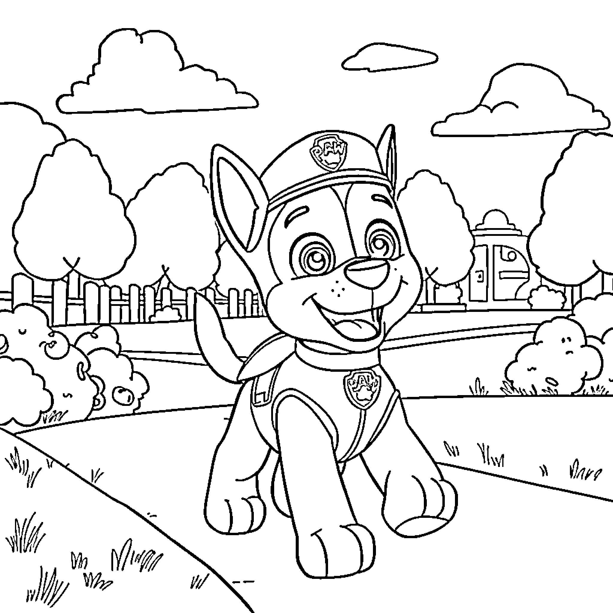 Chase a Cheerful Pup's Adventure in the City Coloring Page (free black-and-white line drawing printable PDF for all, from beginners to advanced learners, including children, teens, adults, and seniors)