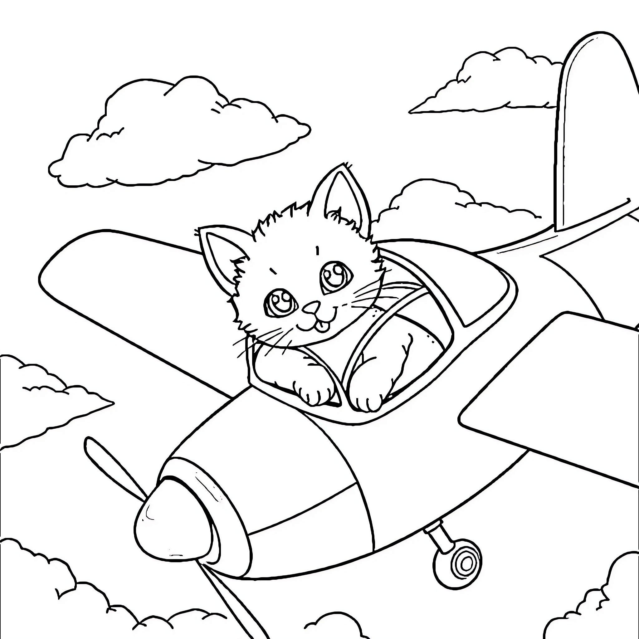 Kitty flying happily in a plane Coloring Page (free black-and-white line drawing printable PDF for all, from beginners to advanced learners, including children, teens, adults, and seniors)