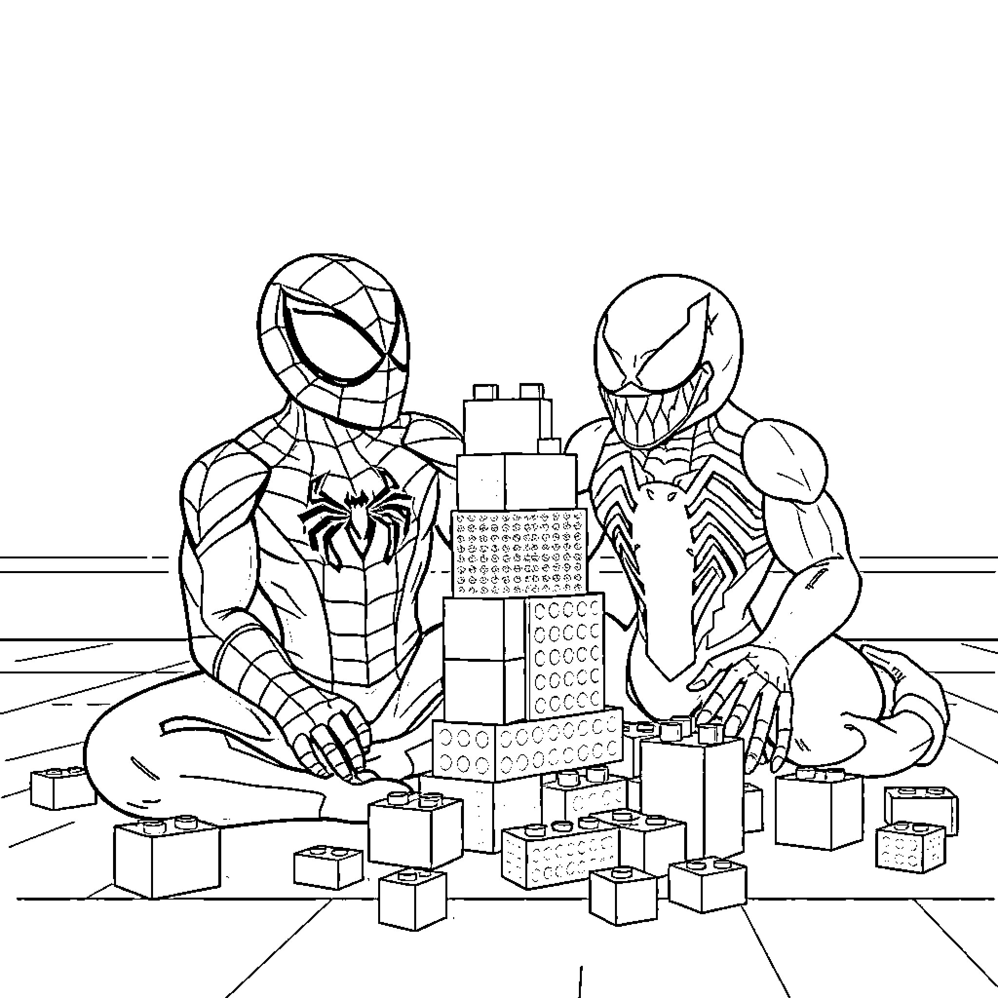 Spidermen building blocks together in cityscape Coloring Page (free black-and-white line drawing printable PDF for all, from beginners to advanced learners, including children, teens, adults, and seniors)