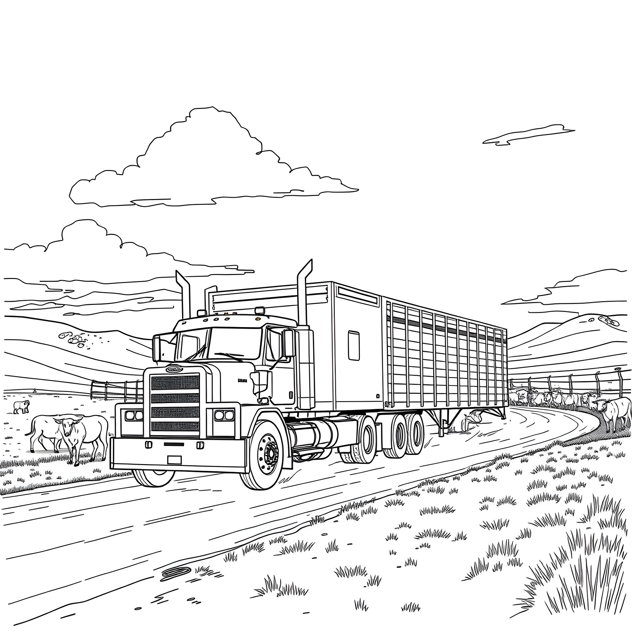 Truck transporting cargo on rural road Coloring Page (free black-and-white line drawing printable PDF for all, from beginners to advanced learners, including children, teens, adults, and seniors)