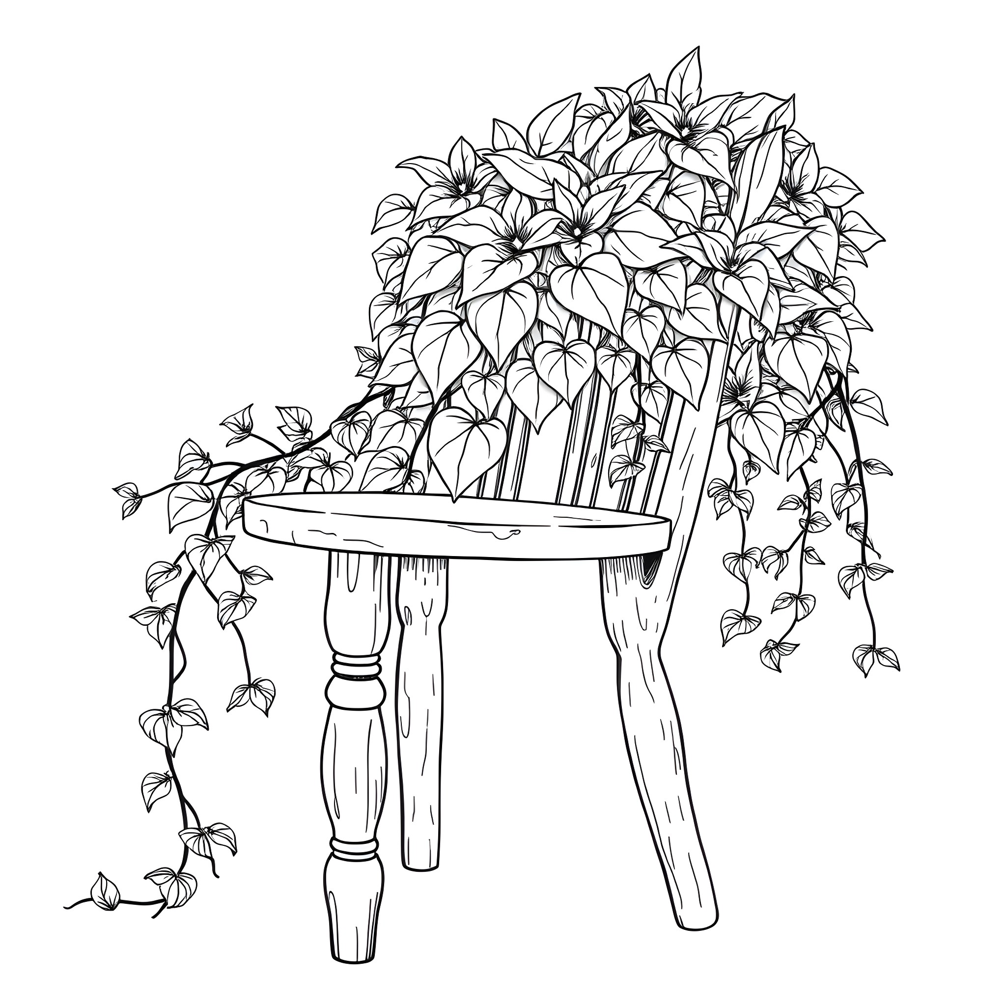 Plant Blooming on Wooden Bench Coloring Page (free black-and-white line drawing printable PDF for all, from beginners to advanced learners, including children, teens, adults, and seniors)