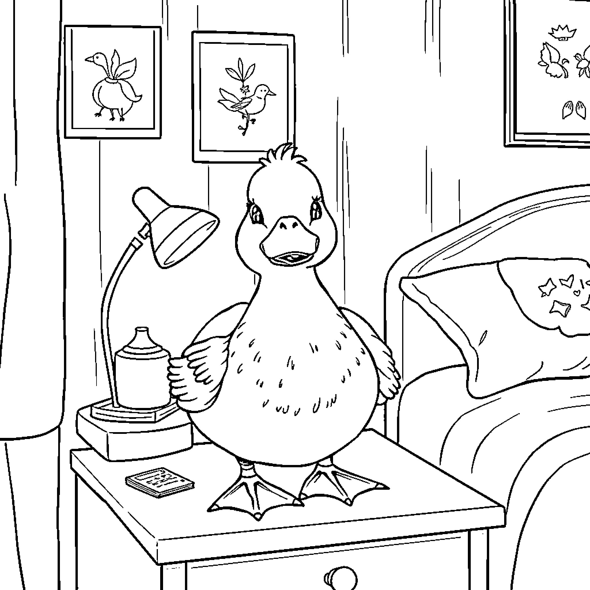 Duck relaxing in cozy indoor setting Coloring Page (free black-and-white line drawing printable PDF for all, from beginners to advanced learners, including children, teens, adults, and seniors)