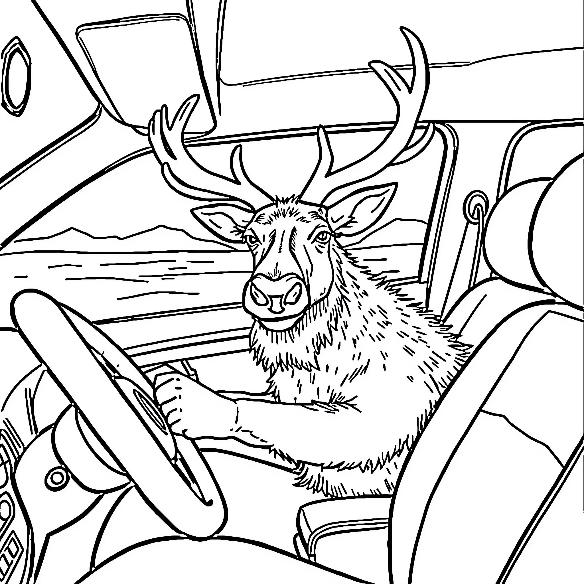 Caribou relaxing in the car during a scenic drive Coloring Page (free black-and-white line drawing printable PDF for all, from beginners to advanced learners, including children, teens, adults, and seniors)