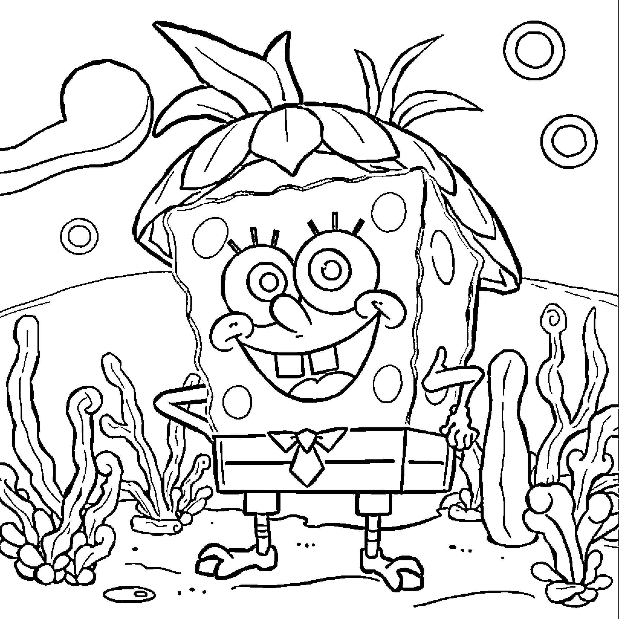 Spongebob smiling and posing in an underwater scene Coloring Page (free black-and-white line drawing printable PDF for all, from beginners to advanced learners, including children, teens, adults, and seniors)