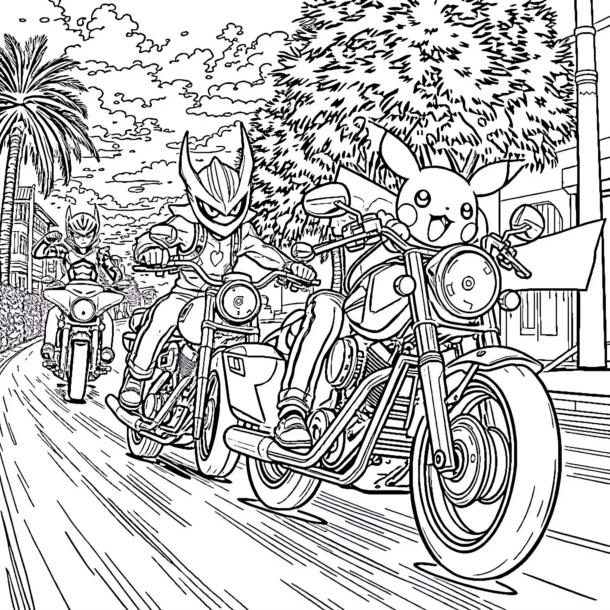 Harley Bike gang riding together on the street Coloring Page (free black-and-white line drawing printable PDF for all, from beginners to advanced learners, including children, teens, adults, and seniors)