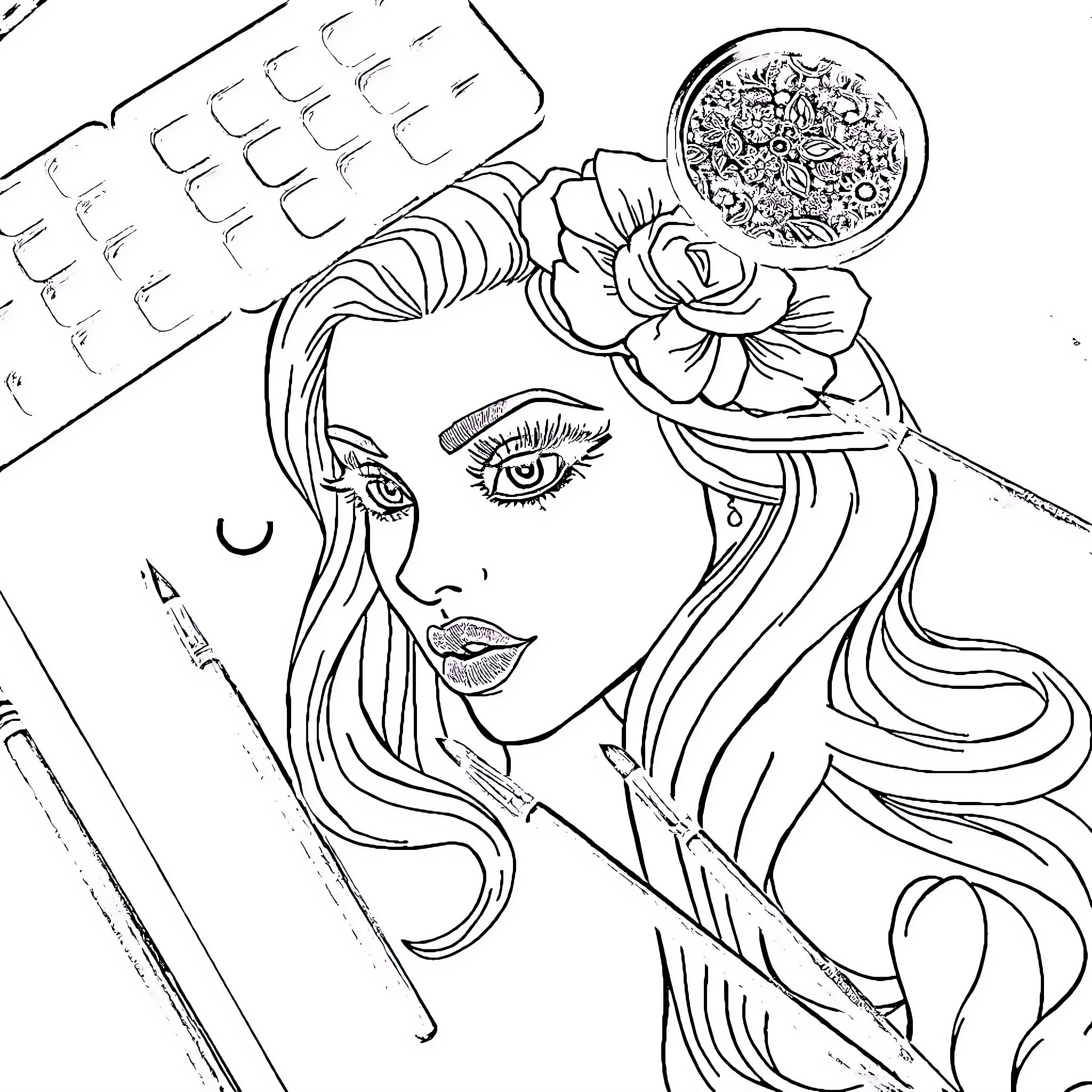 Makeup Artist's Creative Expression Coloring Page (free black-and-white line drawing printable PDF for all, from beginners to advanced learners, including children, teens, adults, and seniors)