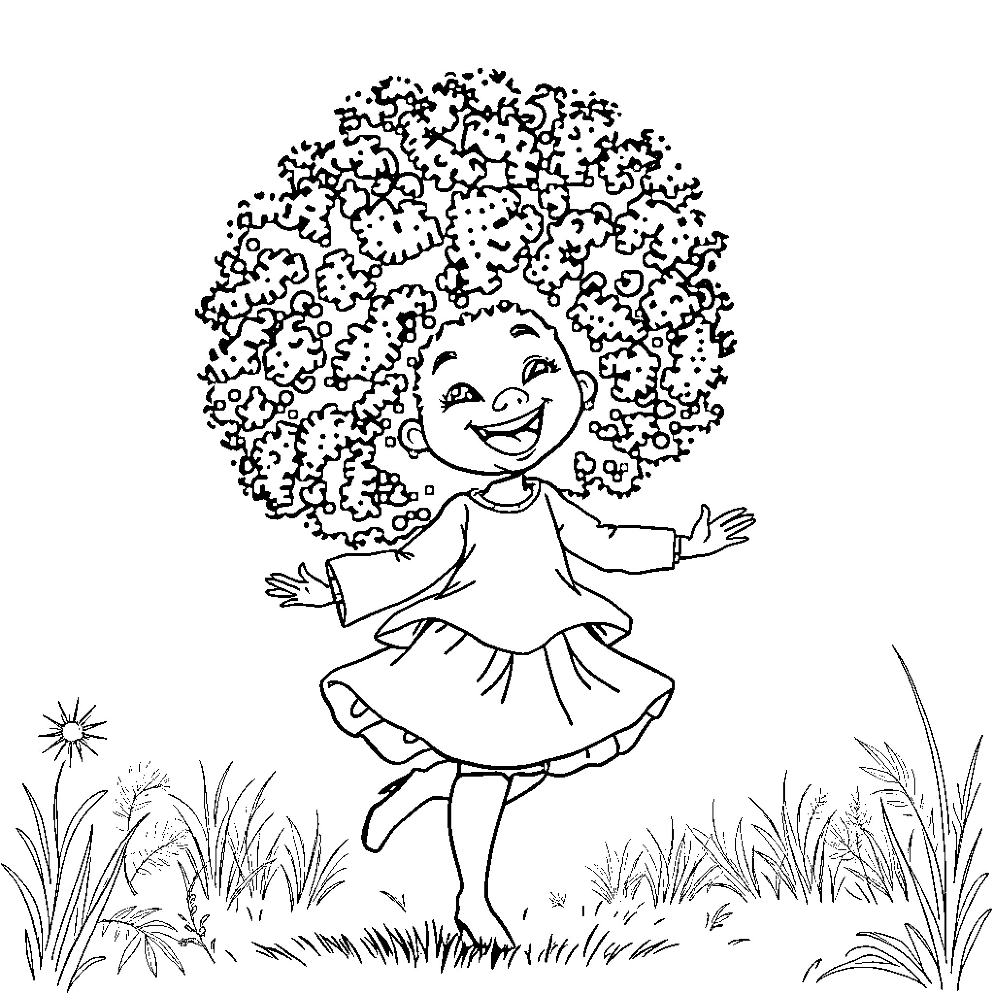 Girl skipping joyfully in a grassy field Coloring Page (free black-and-white line drawing printable PDF for all, from beginners to advanced learners, including children, teens, adults, and seniors)