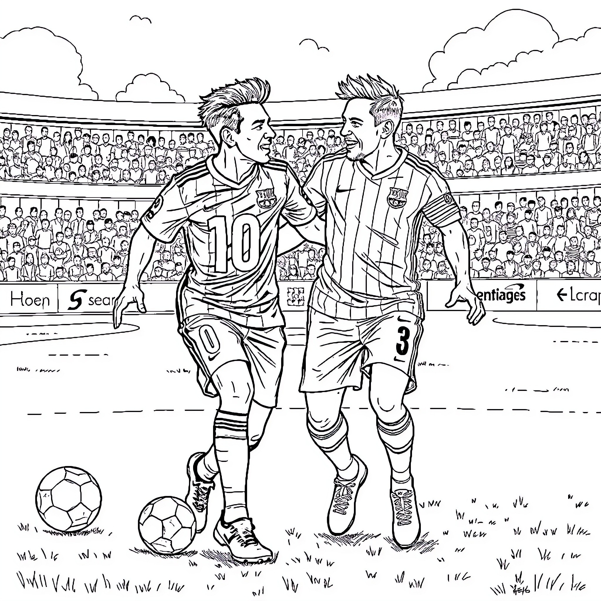 Neymar and Messi competing on the soccer field Coloring Page (free black-and-white line drawing printable PDF for all, from beginners to advanced learners, including children, teens, adults, and seniors)
