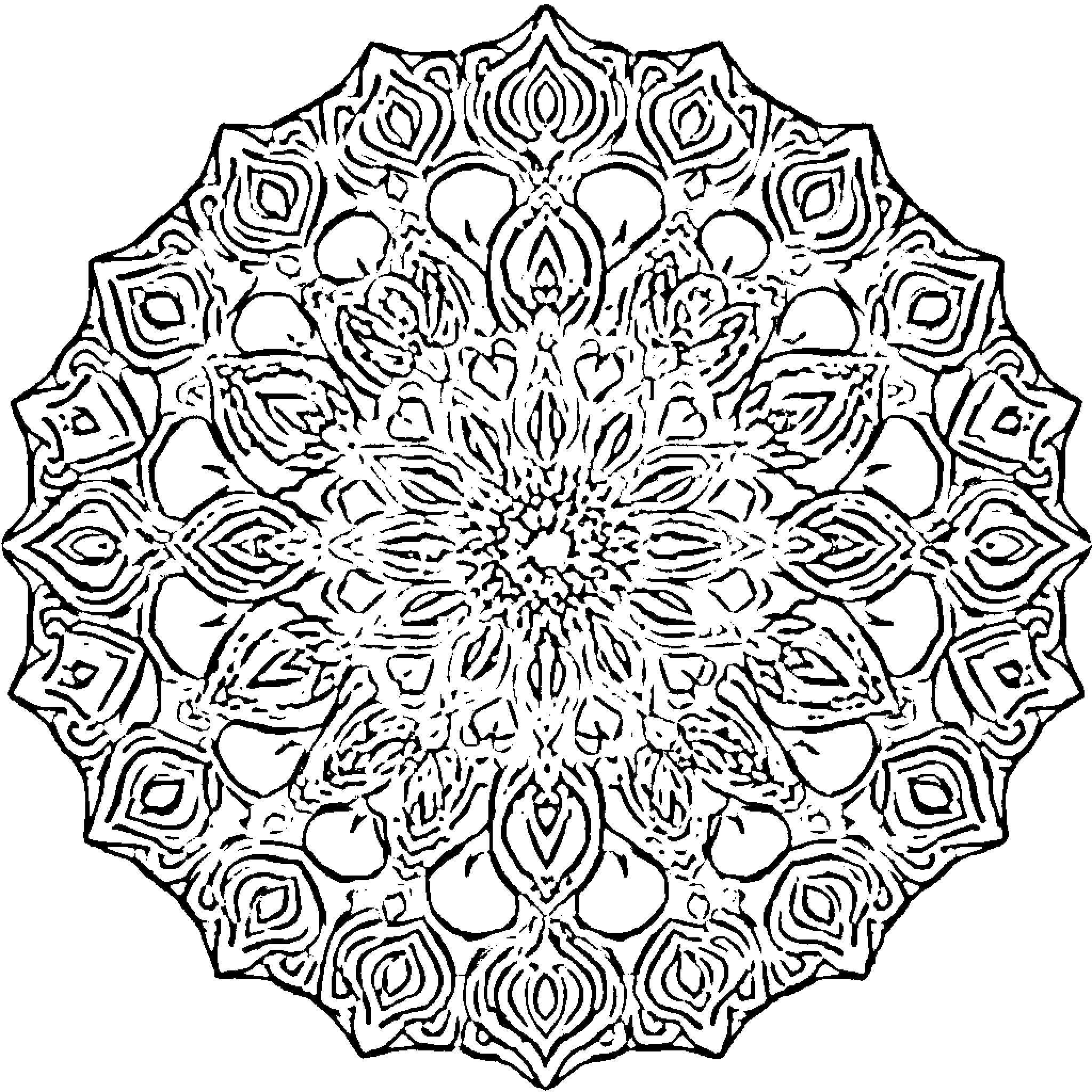 Mandala with intricate floral and geometric patterns Coloring Page (free black-and-white line drawing printable PDF for all, from beginners to advanced learners, including children, teens, adults, and seniors)