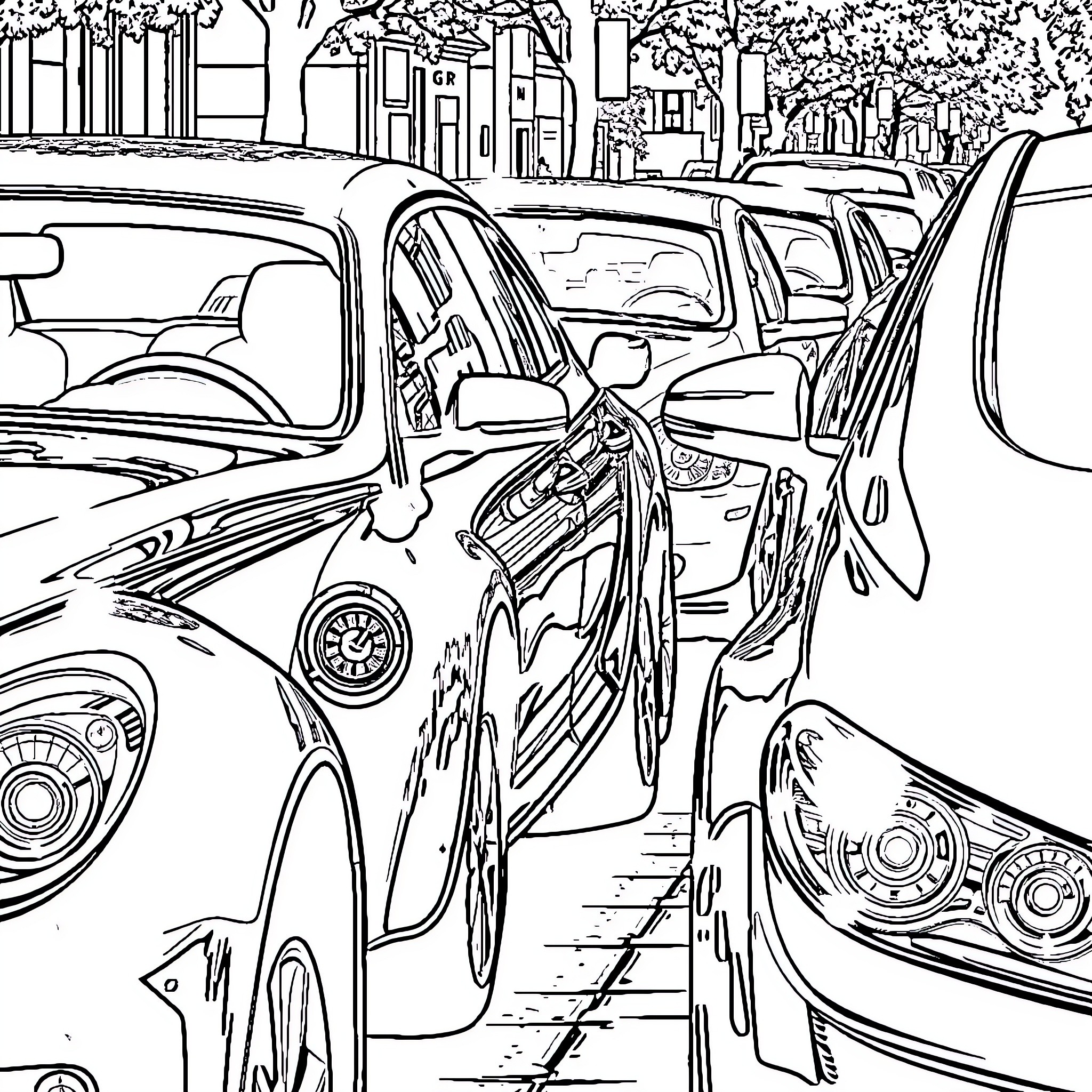 Car Traffic Jam on Busy City Street Coloring Page (free black-and-white line drawing printable PDF for all, from beginners to advanced learners, including children, teens, adults, and seniors)
