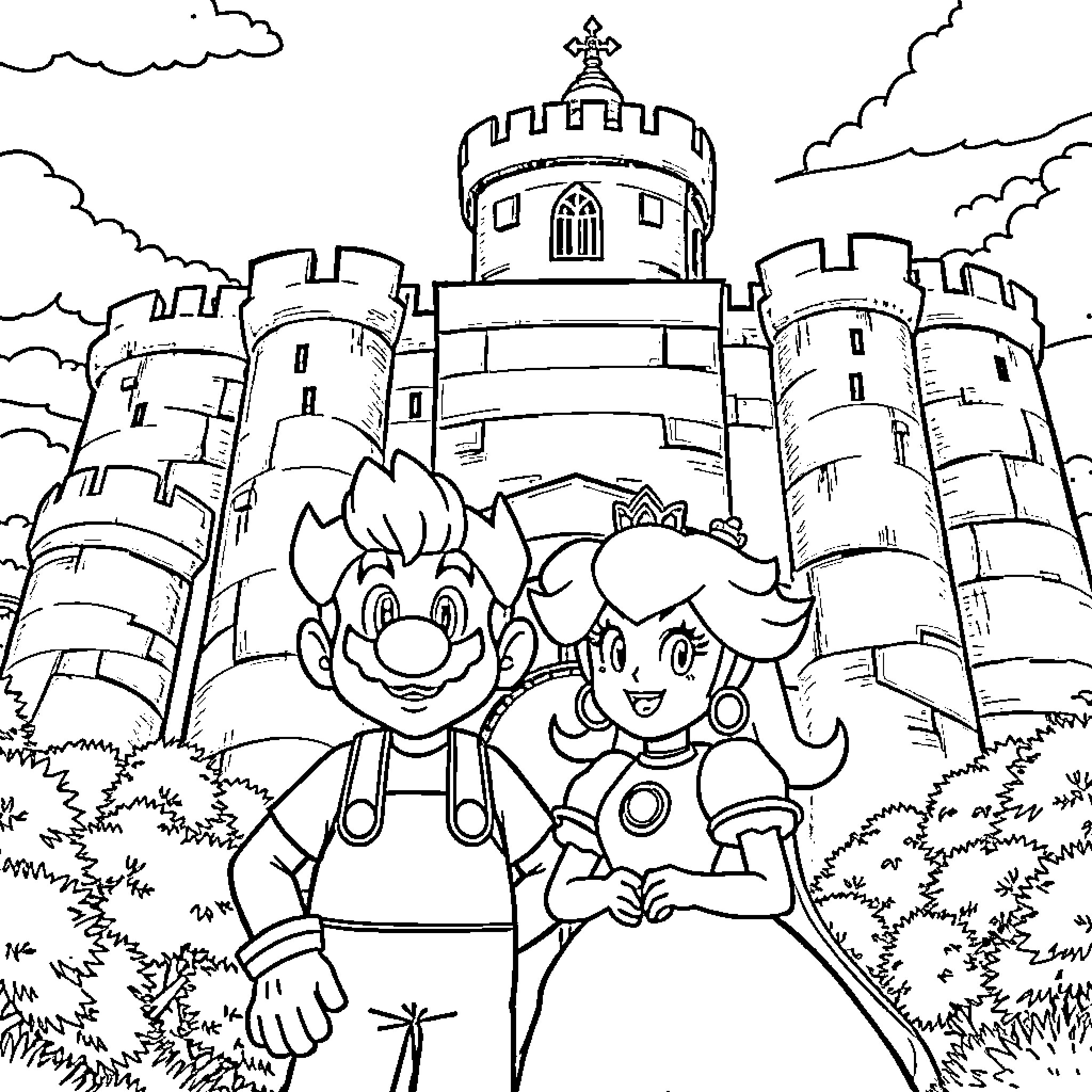 Princess and Prince Explore the Enchanting Castle Coloring Page (free black-and-white line drawing printable PDF for all, from beginners to advanced learners, including children, teens, adults, and seniors)